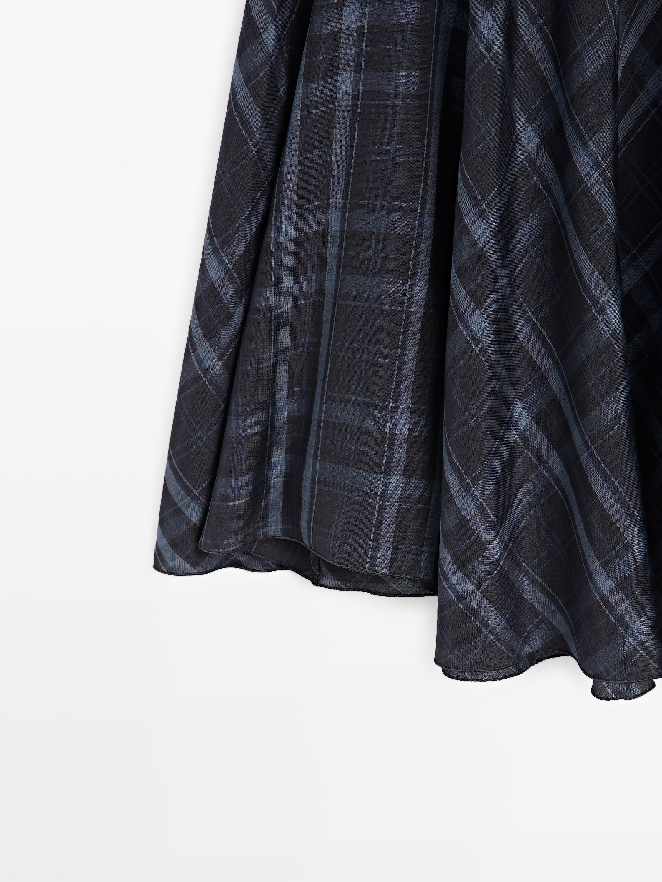 Check print flowing godet skirt — BLUE