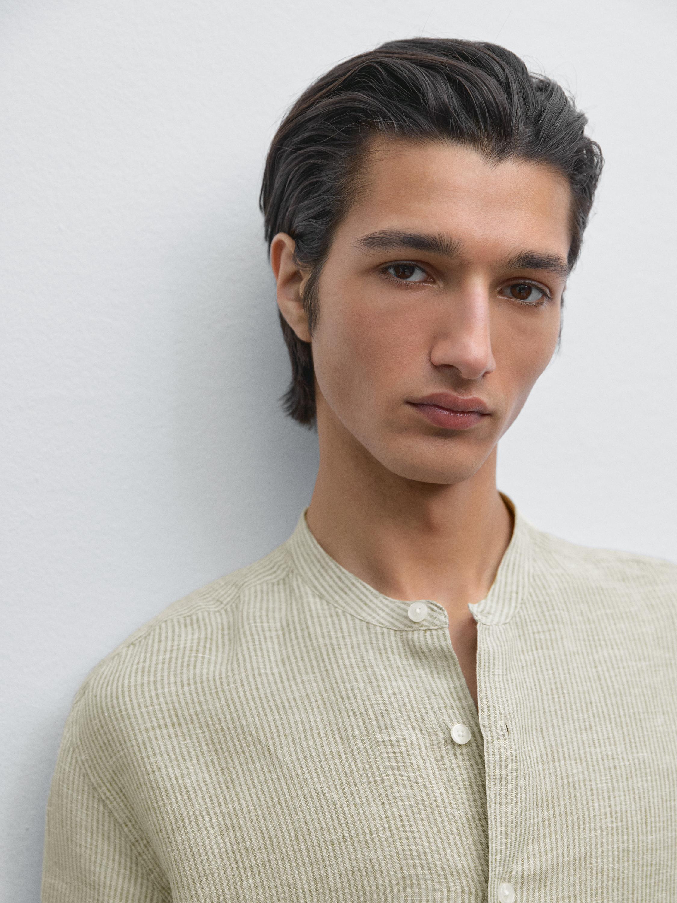 100% linen striped shirt with stand collar