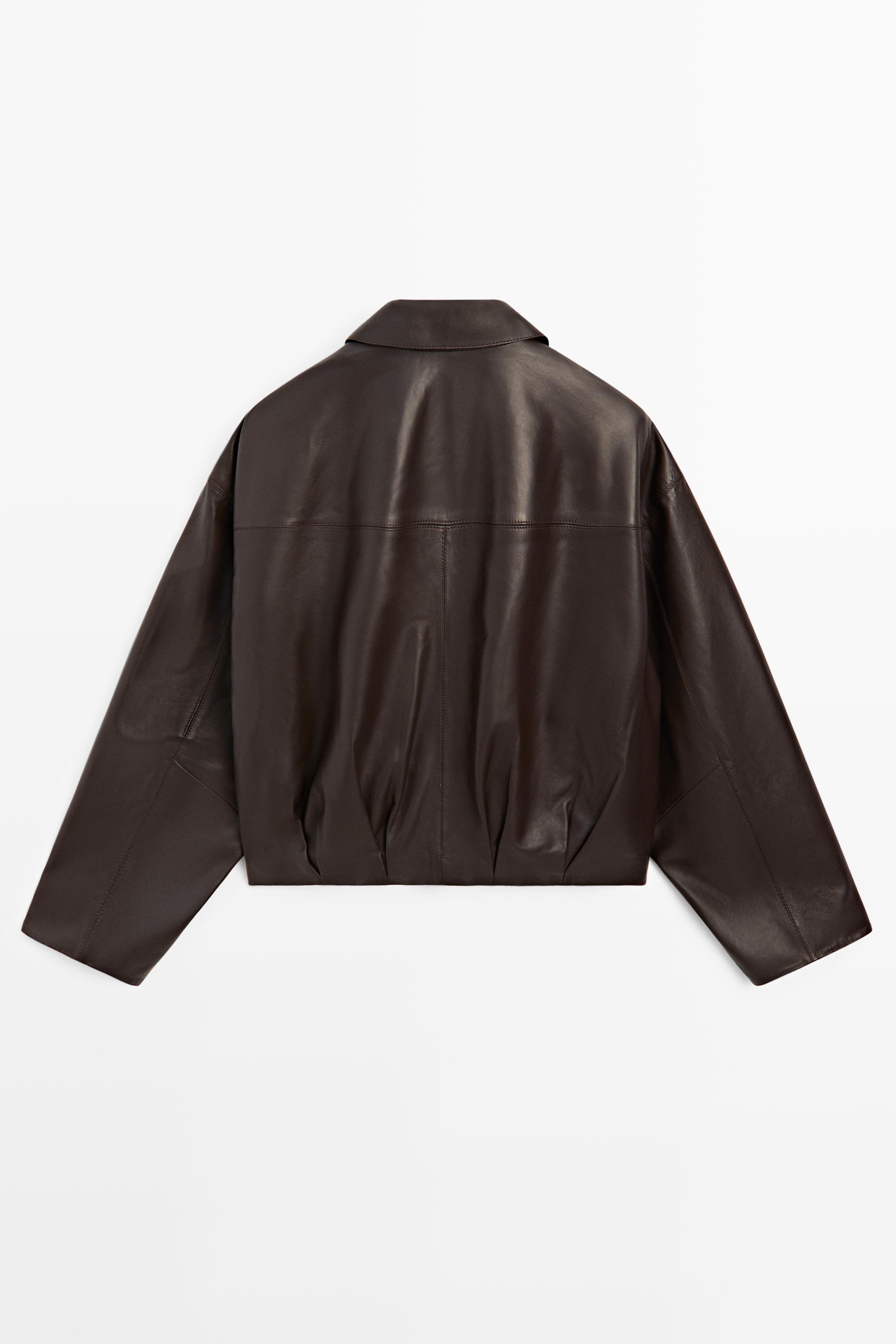 Nappa leather bomber jacket with pleat detail — BROWN