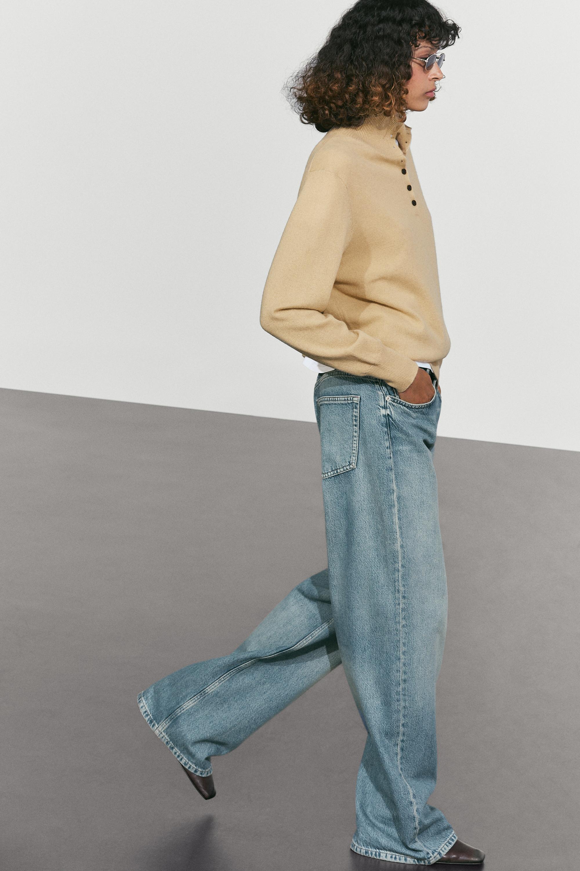High neck knit sweater with button detail — CAMEL