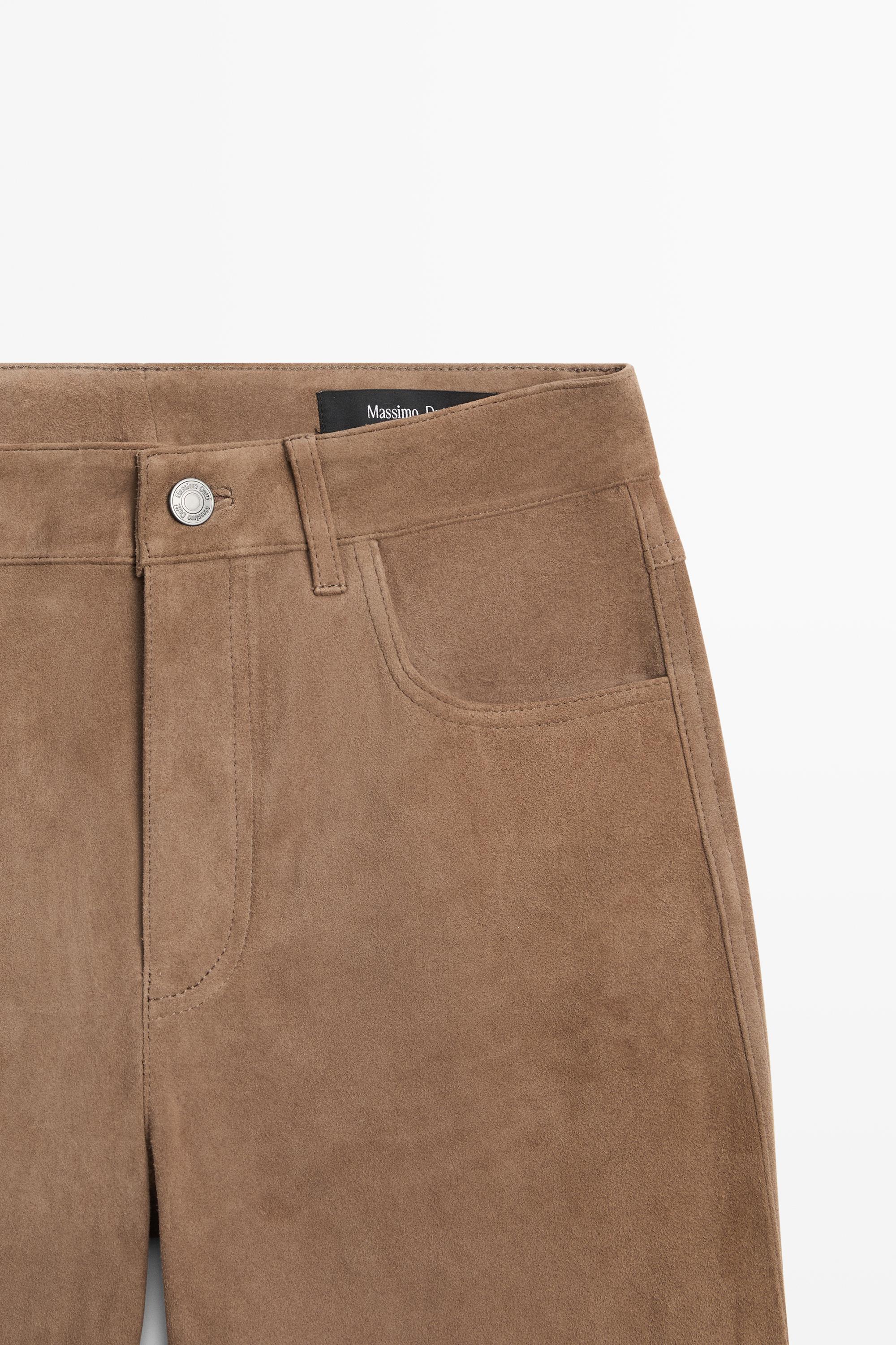 Cropped suede leather flare fit leggings — MOLE BROWN