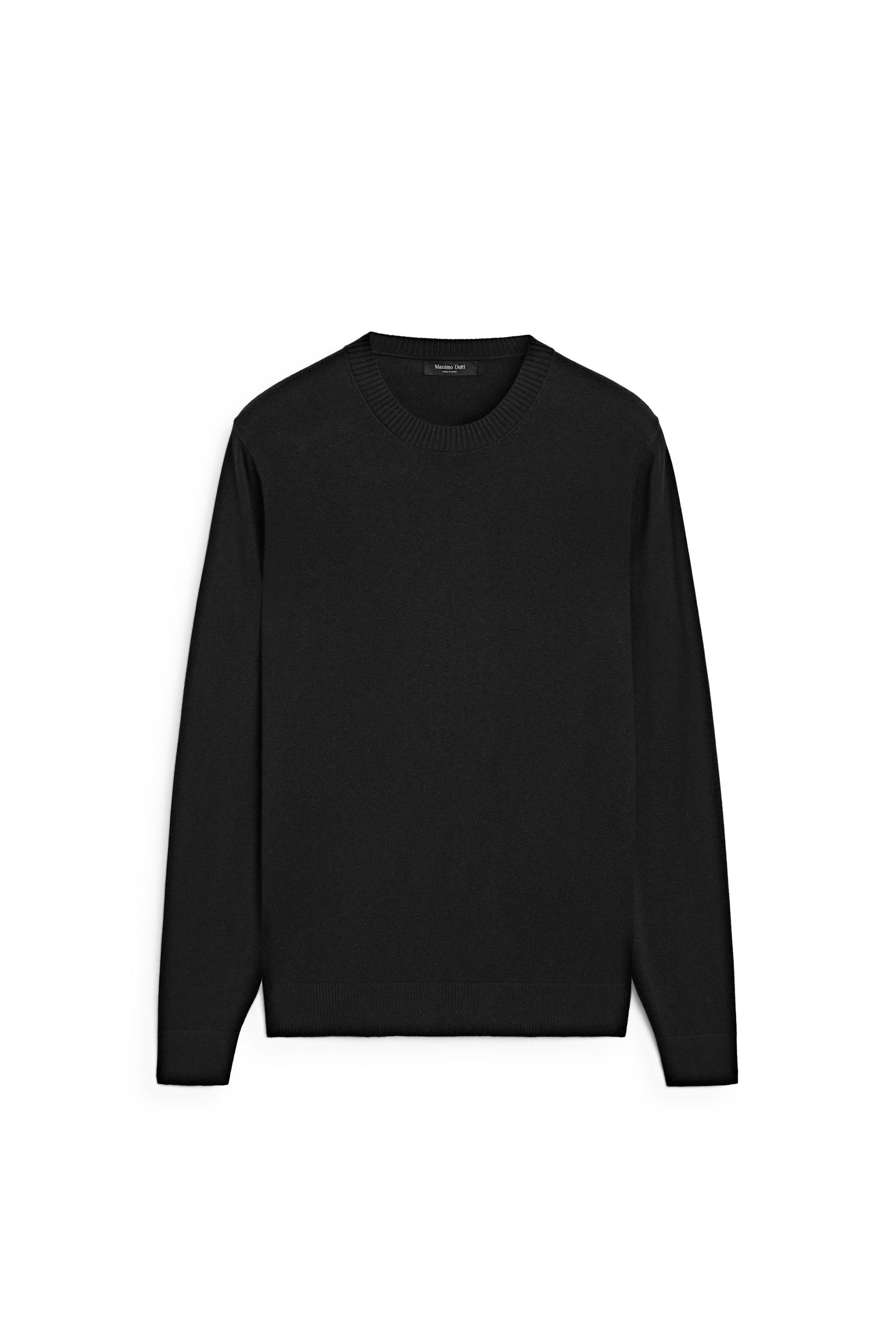 Knit cotton and wool sweater with crew neck — BLACK