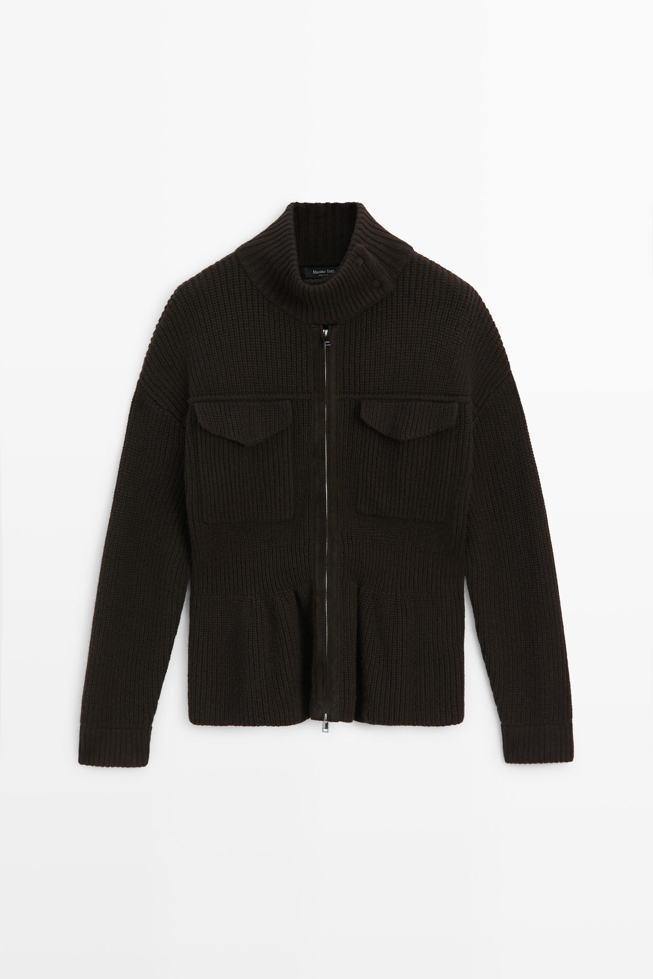 Mixed-Knit Suede Pocket Cardigan — BROWN