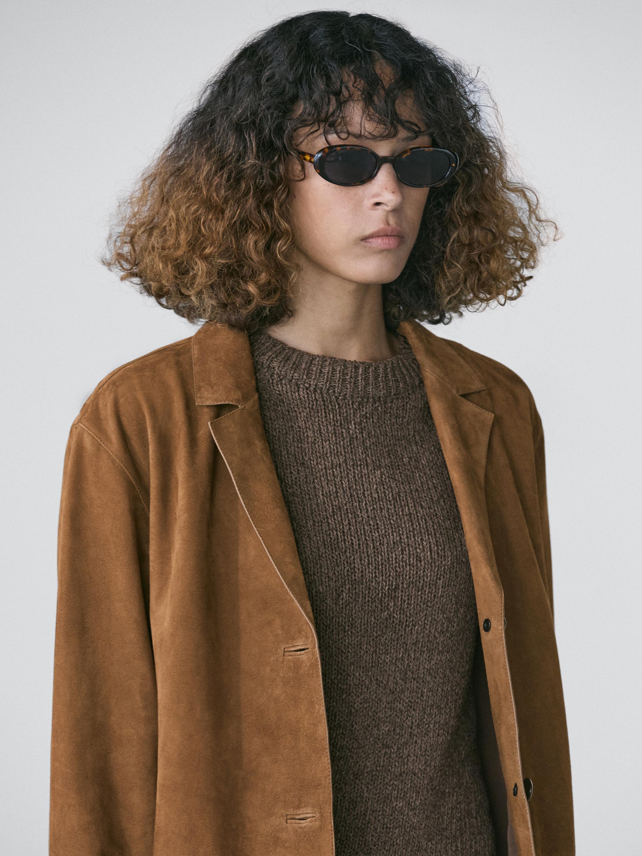 100% suede leather blazer with lapel collar — BROWN