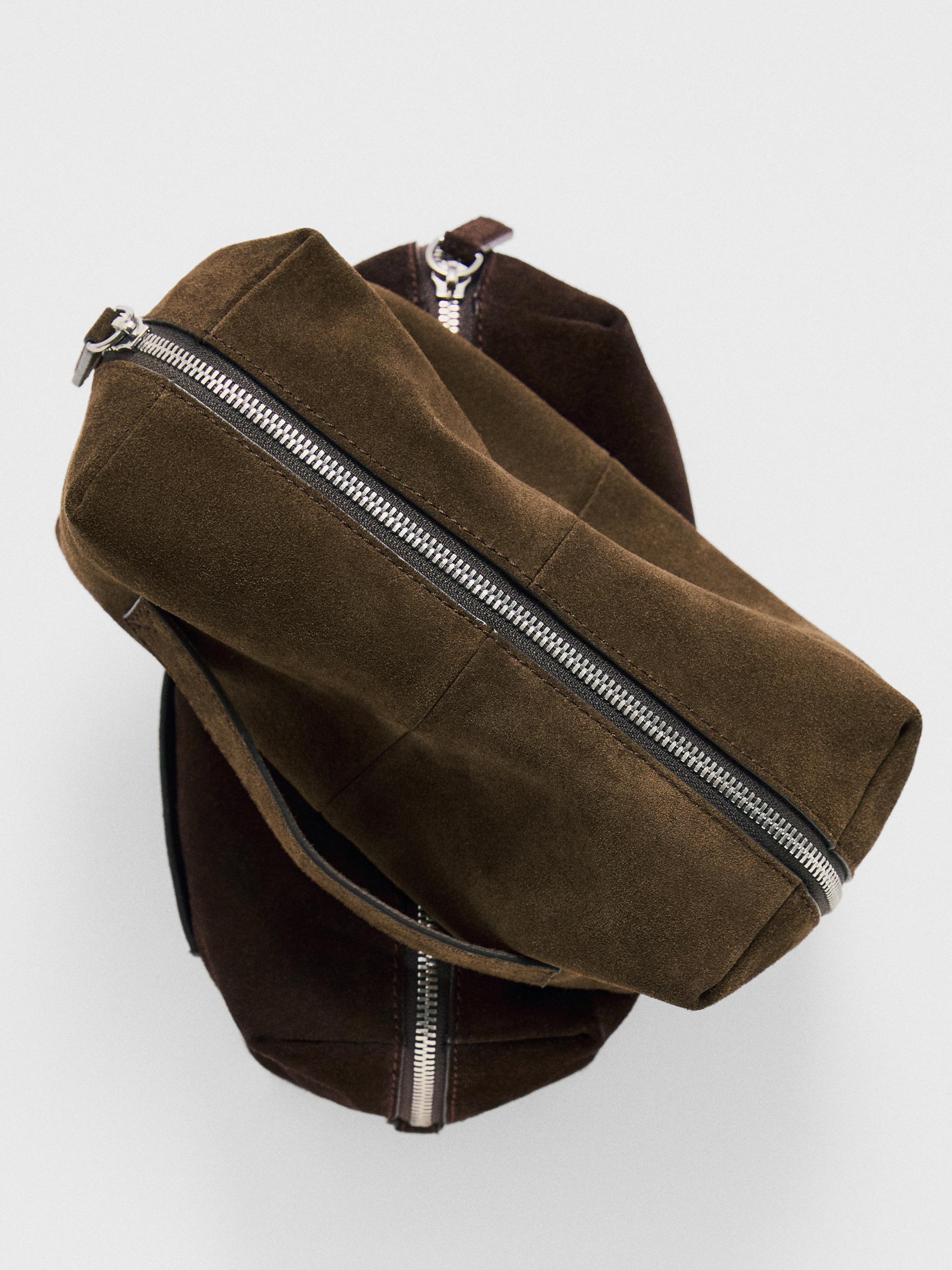 Suede leather toiletry bag with zip — BROWN