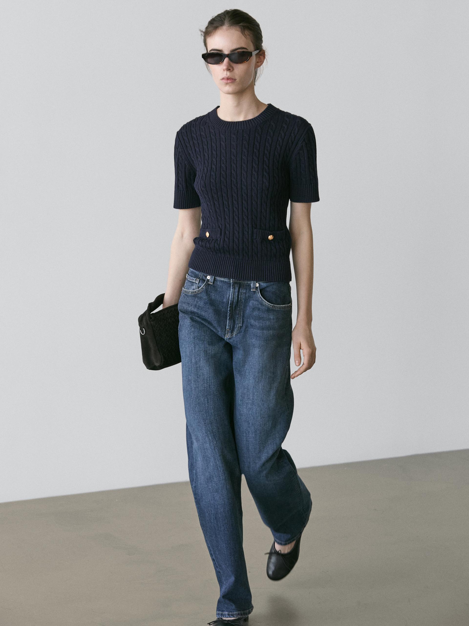 Sweter Z Krótkim Rękawem W Warkocze - Granatowy - L - Massimo Dutti - Kobieta