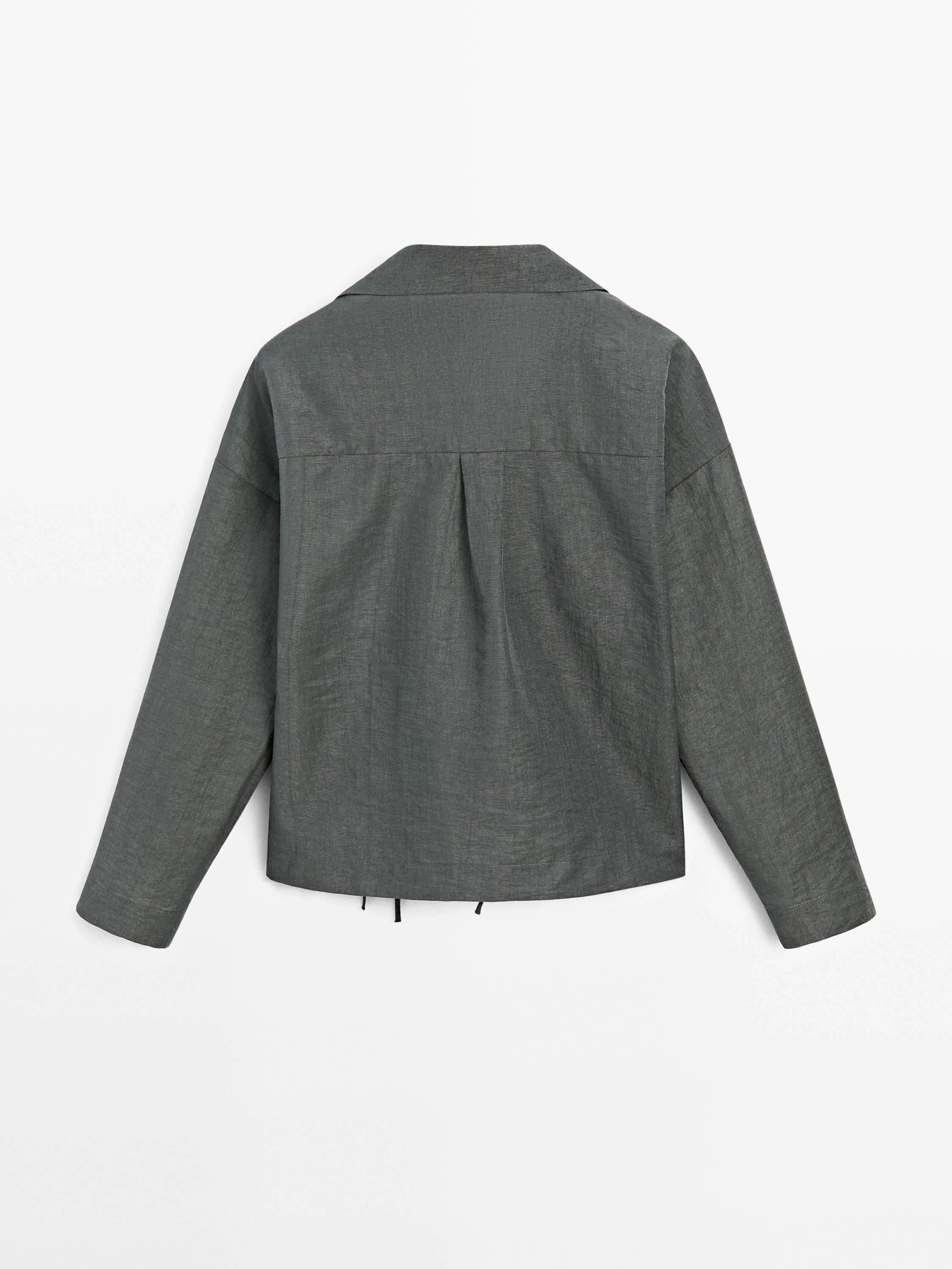 Short linen blend overshirt with lapel collar