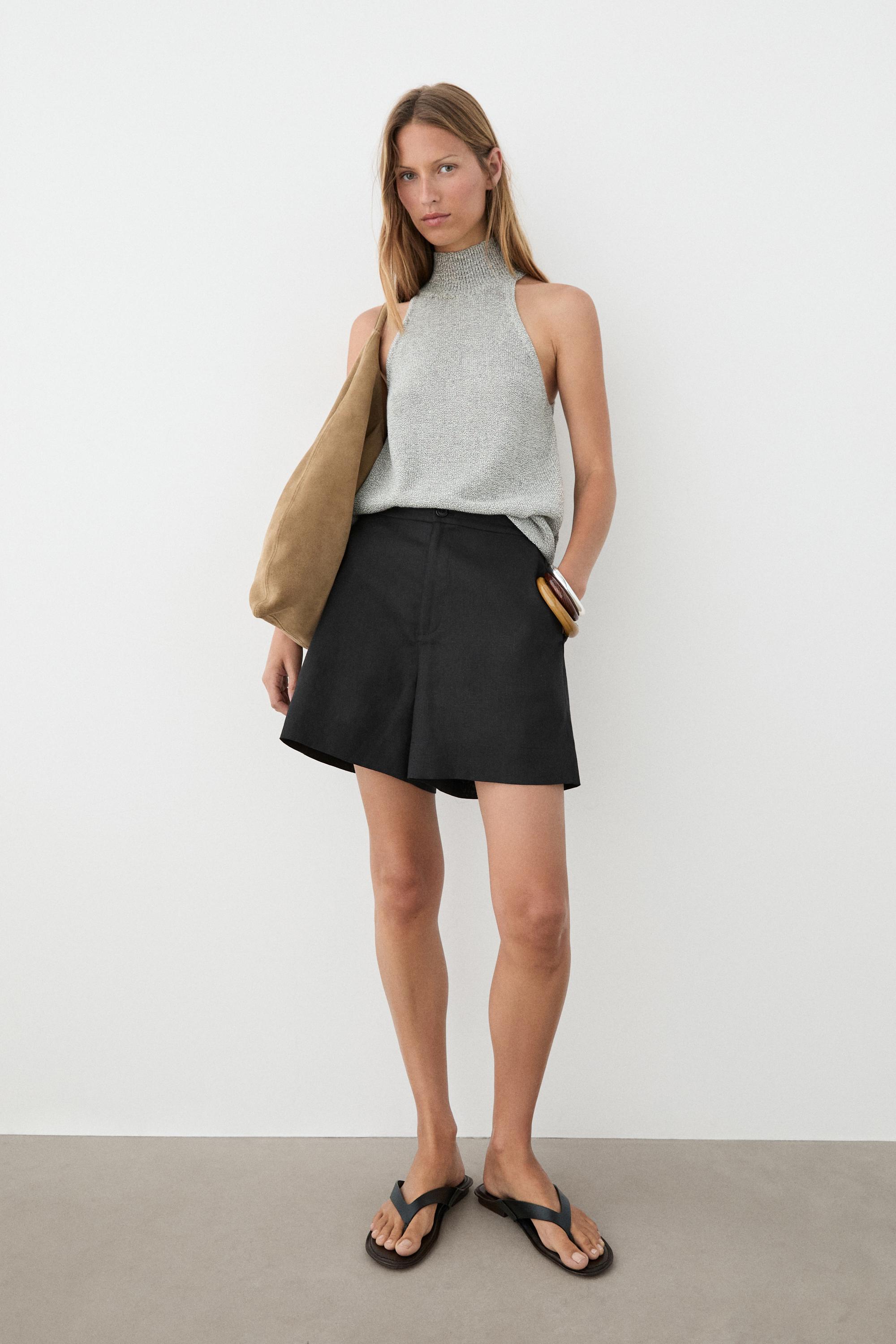 100% linen short Bermuda shorts — BLACK