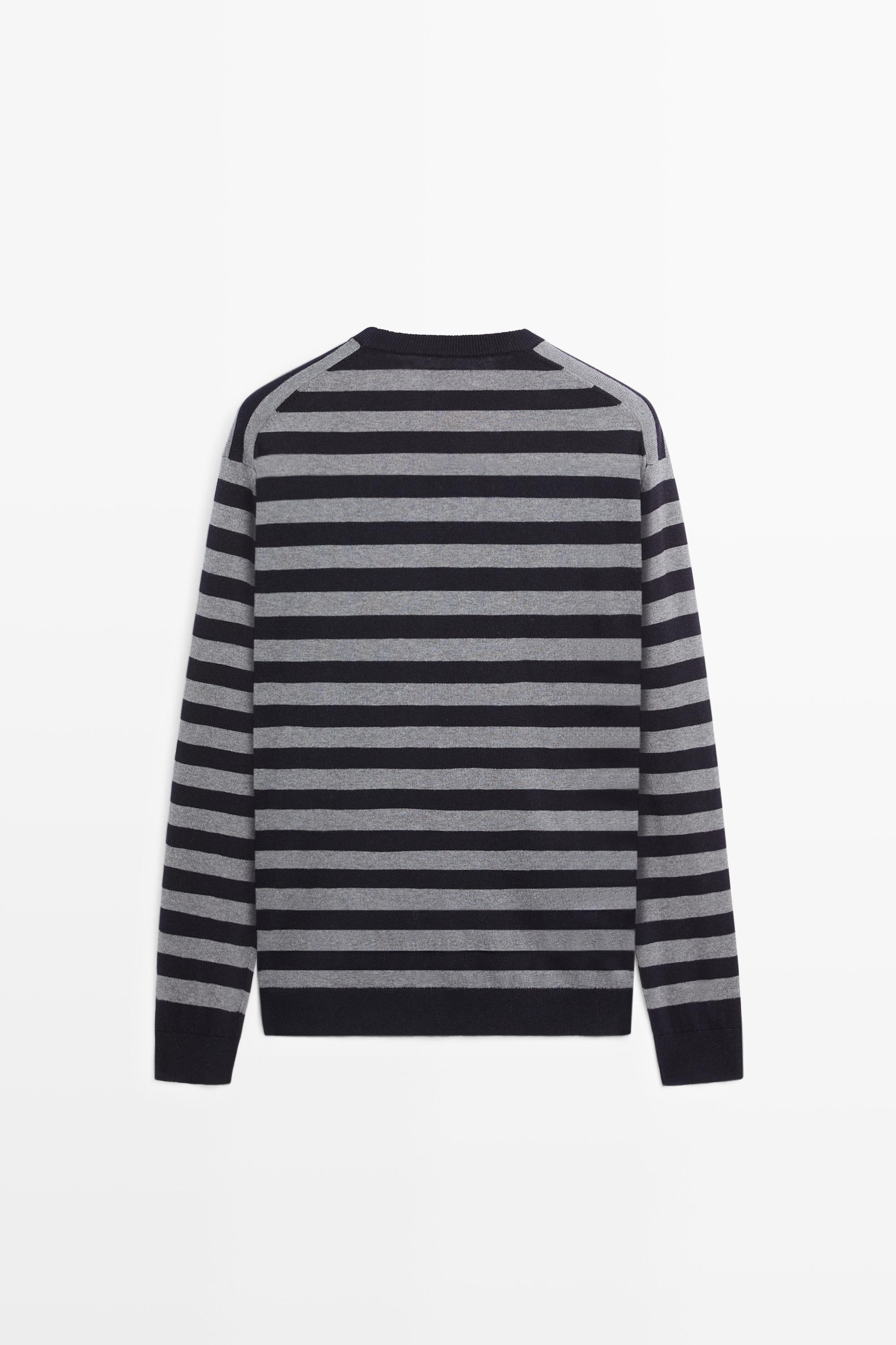 Cotton blend striped knit sweater — NAVY BLUE