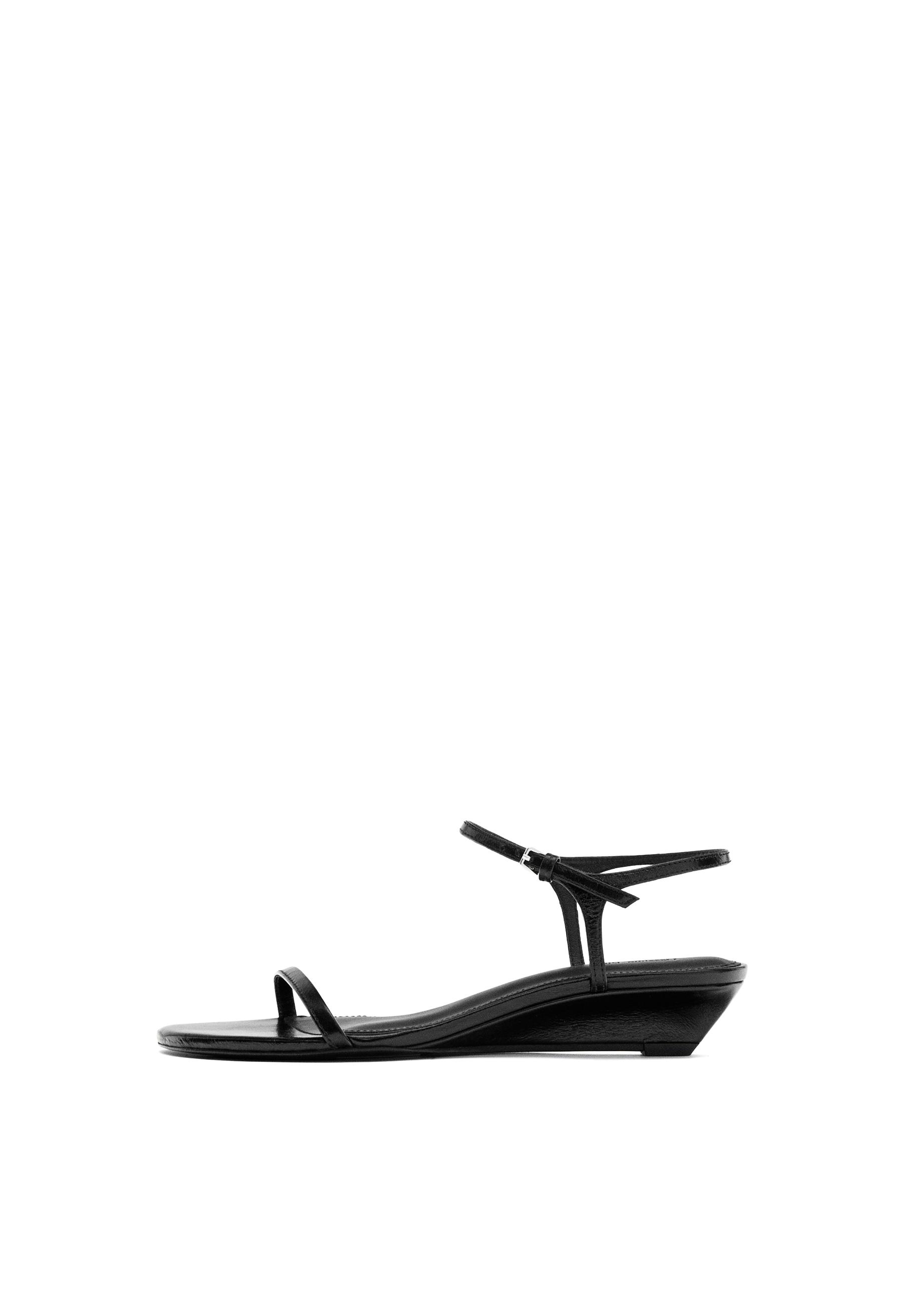 Strappy leather mid-wedge sandals — BLACK