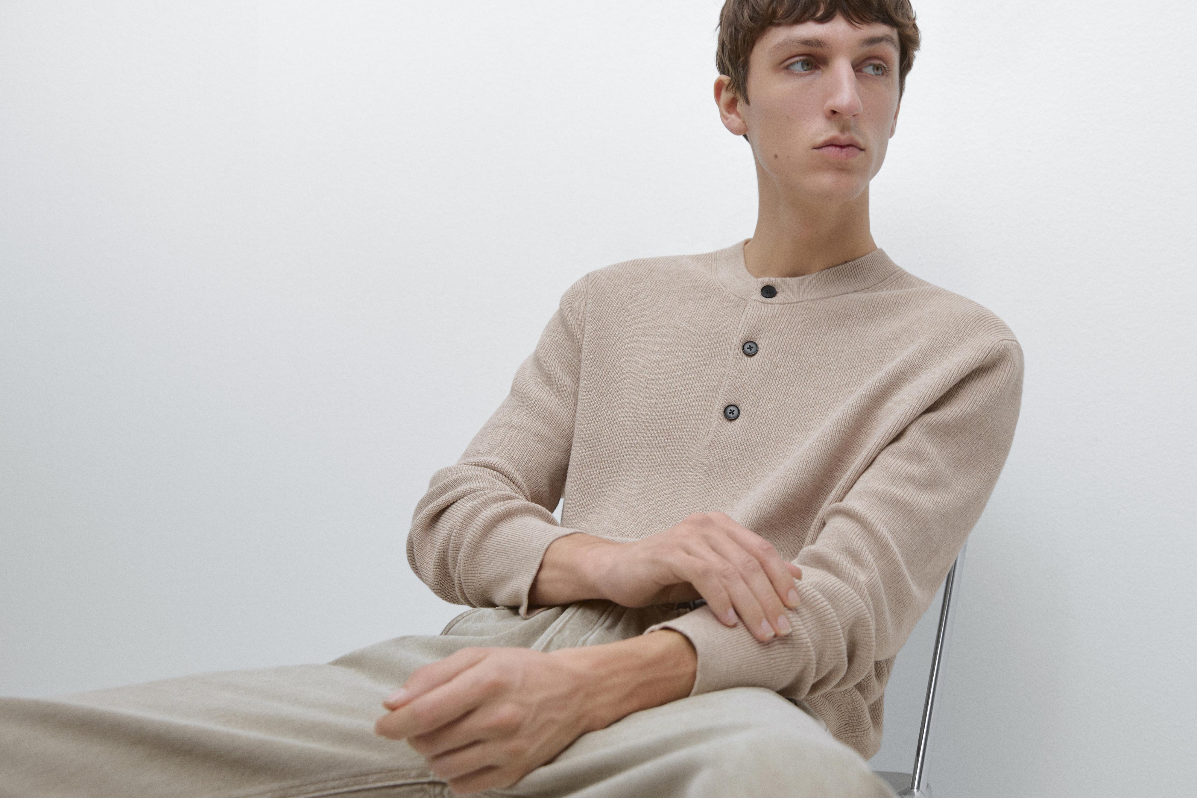 100% cotton knit henley sweater — BEIGE
