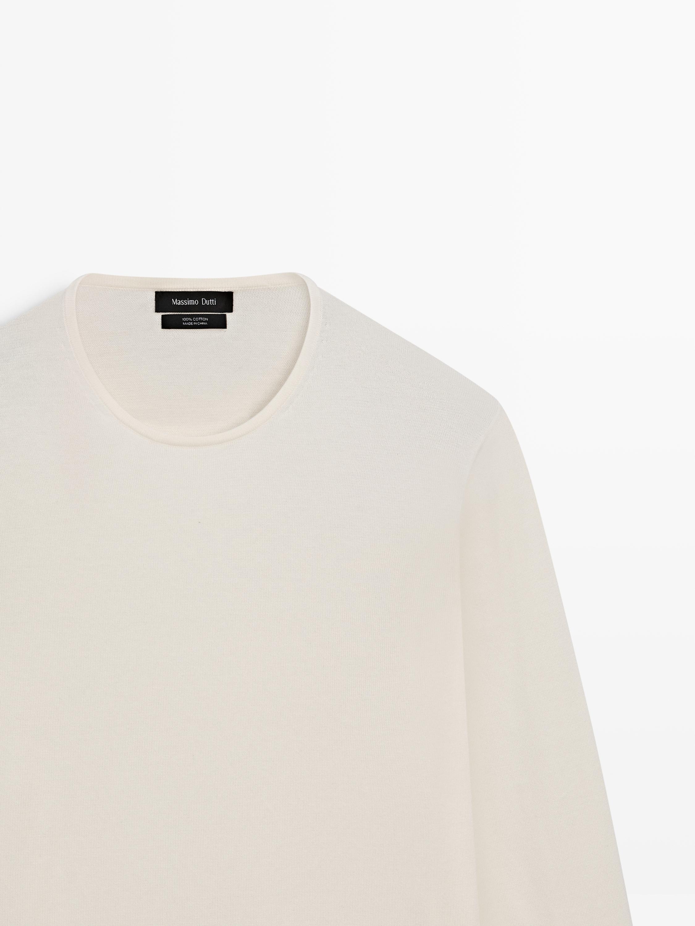 Knit 100% cotton crew neck sweater — OFF WHITE