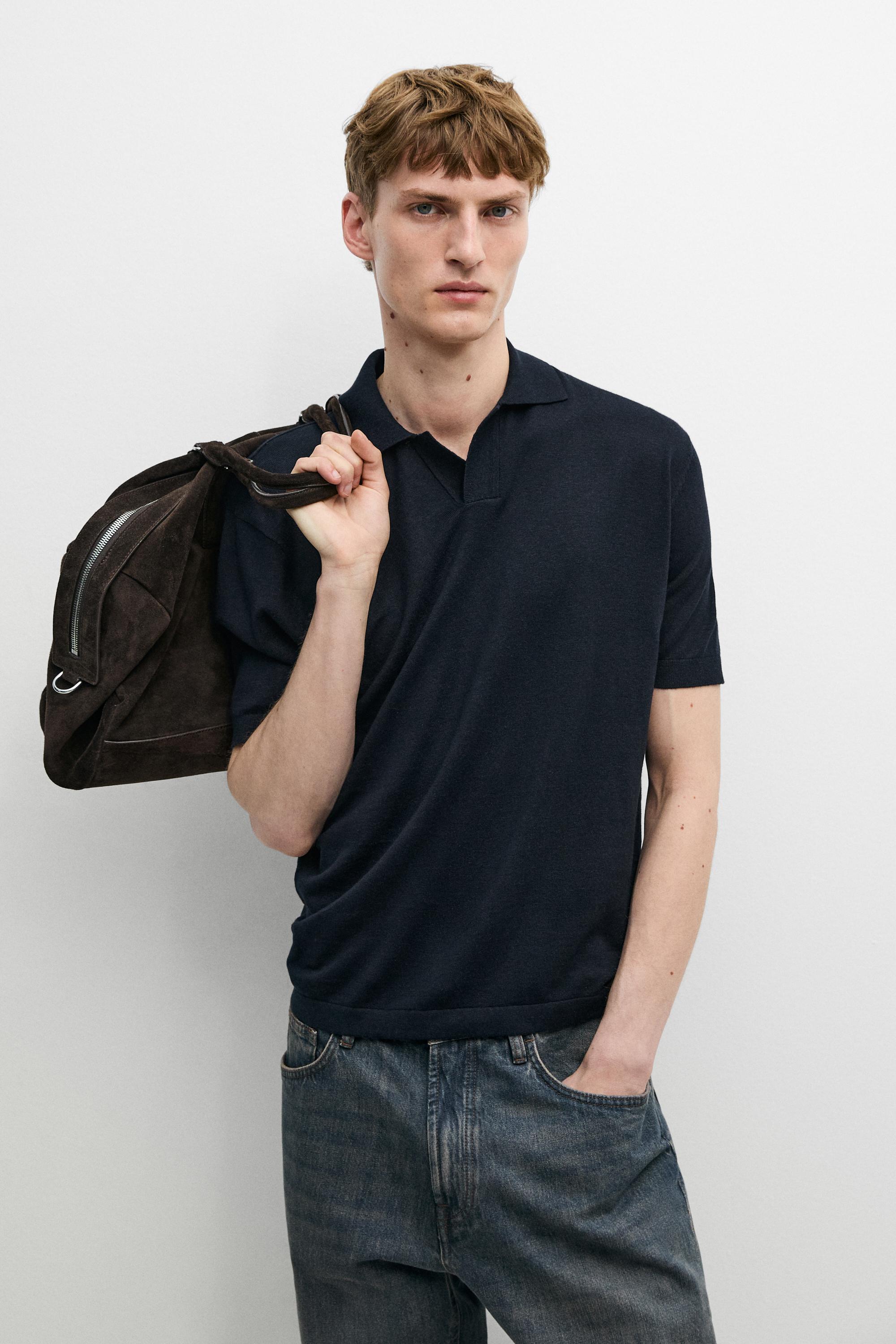 Cotton and linen knit polo sweater — NAVY BLUE