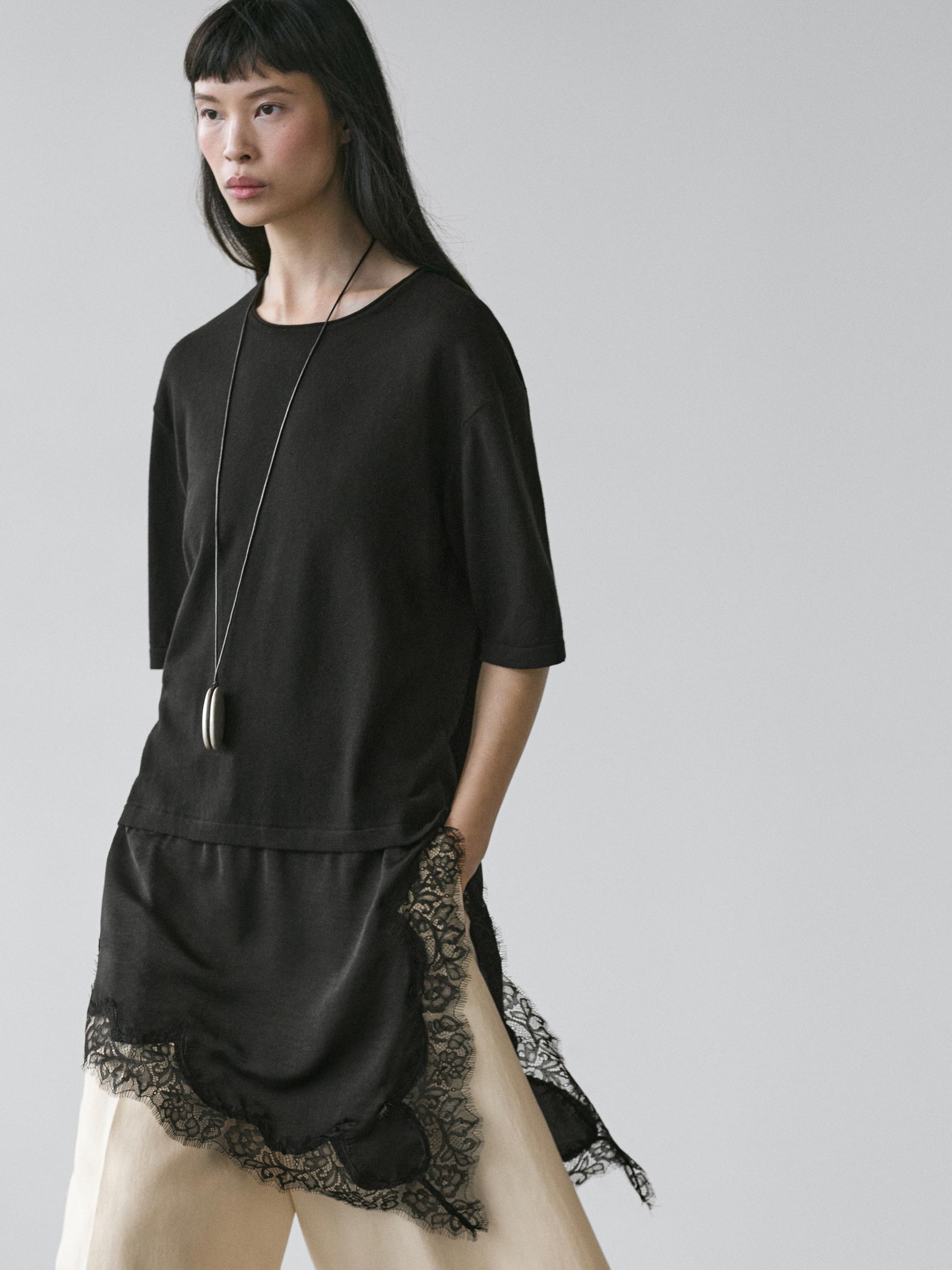 Sweater with contrast lace detail — BLACK