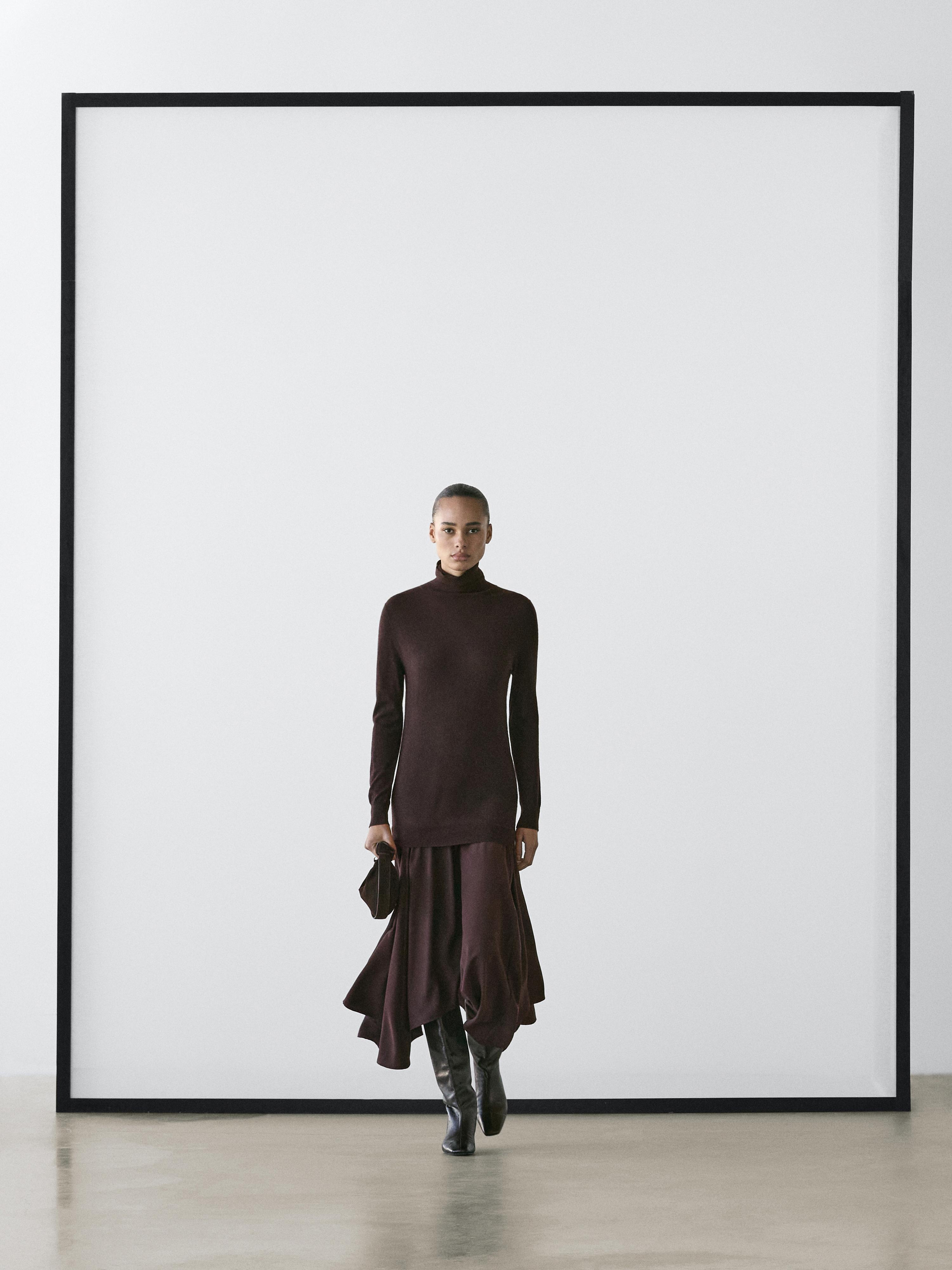 Wool blend knit dress with contrast detail — Chocolate