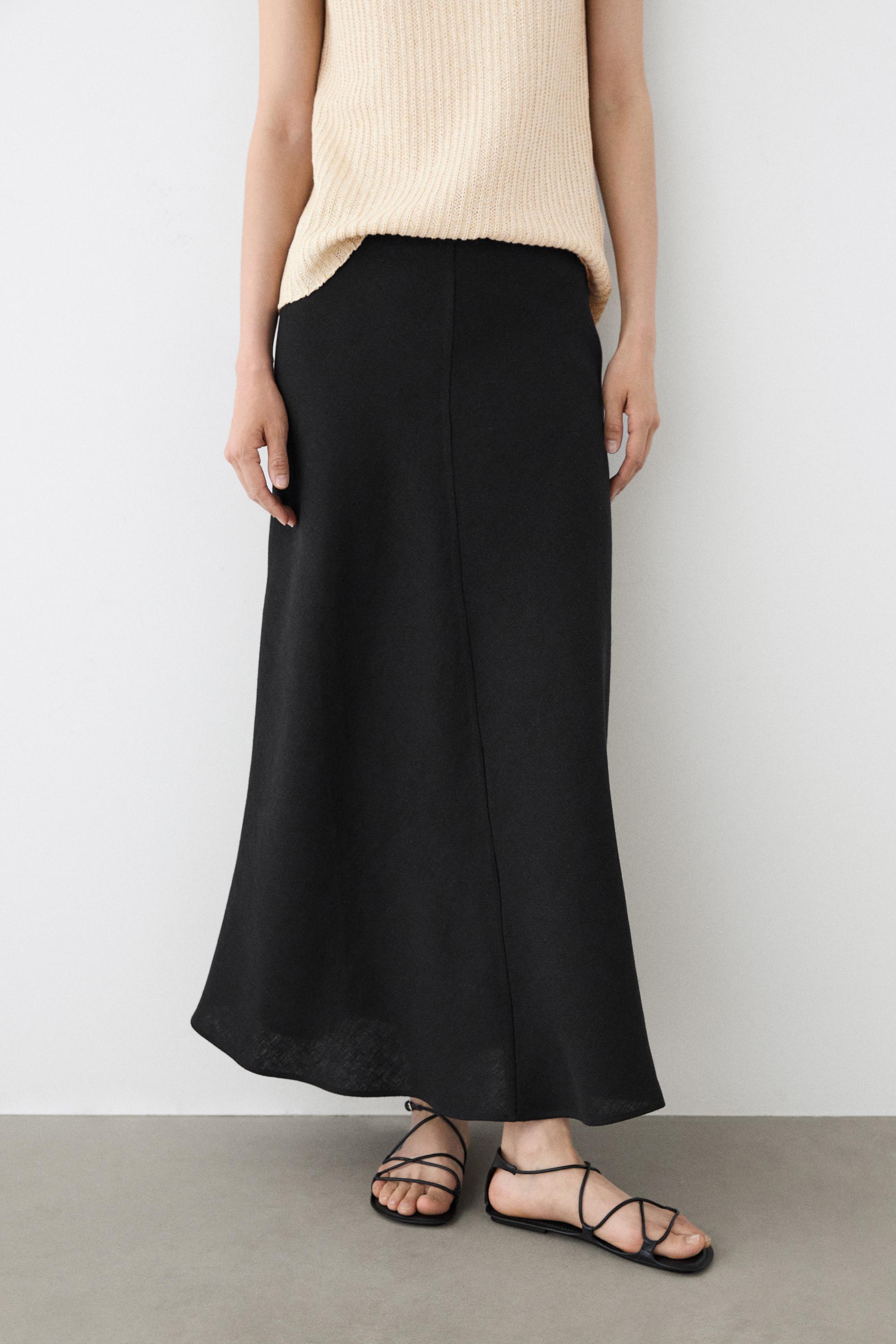 Straight linen midi skirt — BLACK