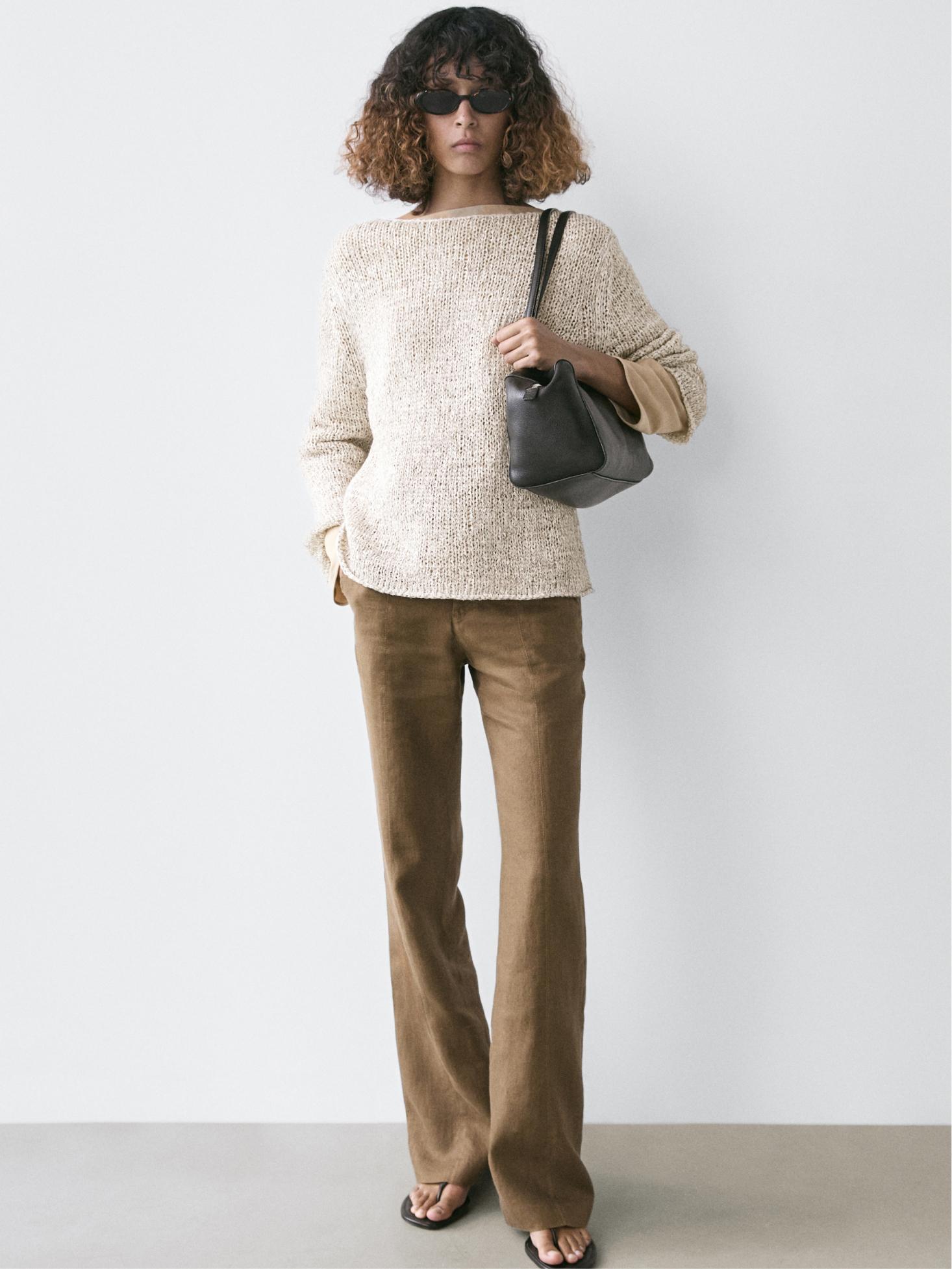 Boat neck knit sweater — BEIGE
