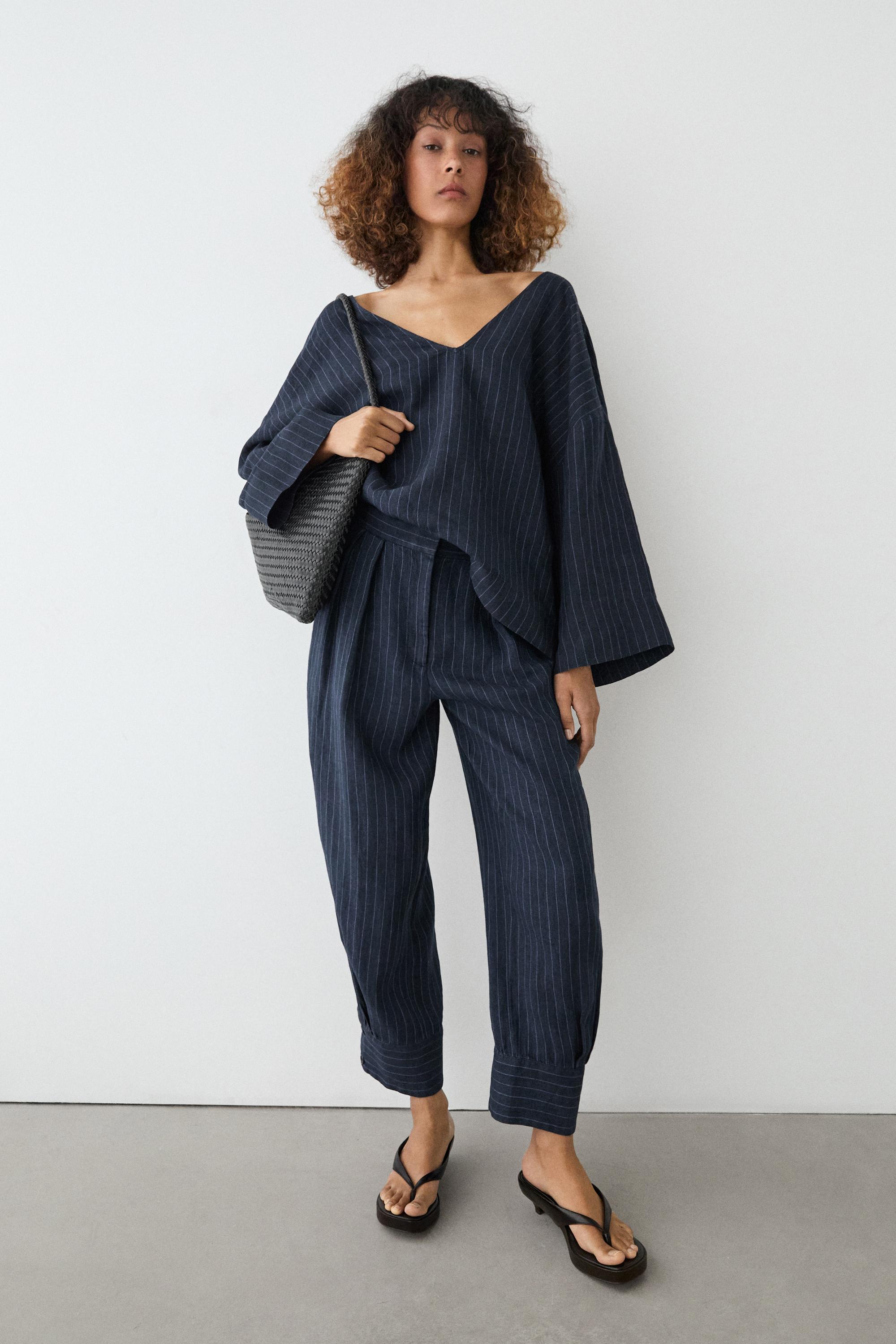 Striped linen sarouel trousers — DARK BLUE