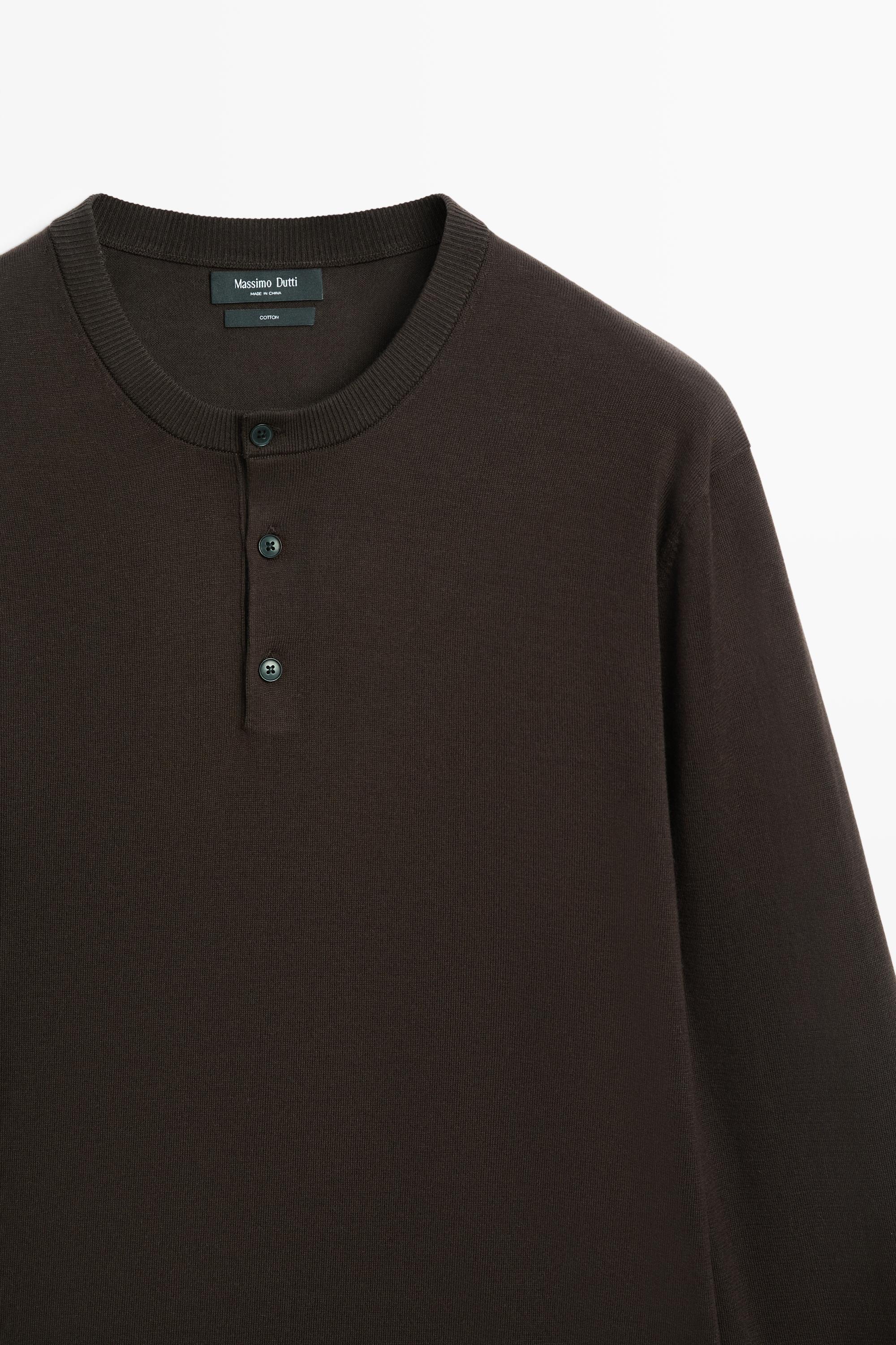 100% Cotton Henley Neck Knit Sweater — BROWN MARL