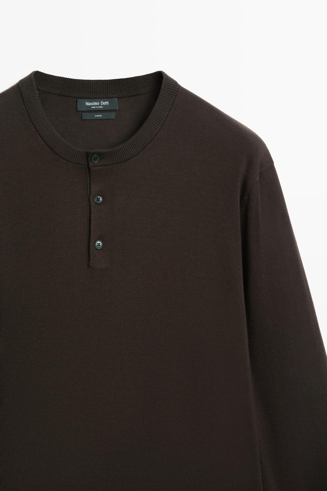 100% Cotton Henley Neck Knit Sweater — BROWN MARL