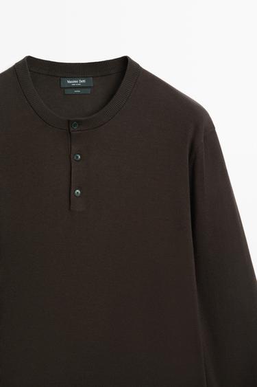 100% Cotton Henley Neck Knit Sweater — BROWN MARL 9