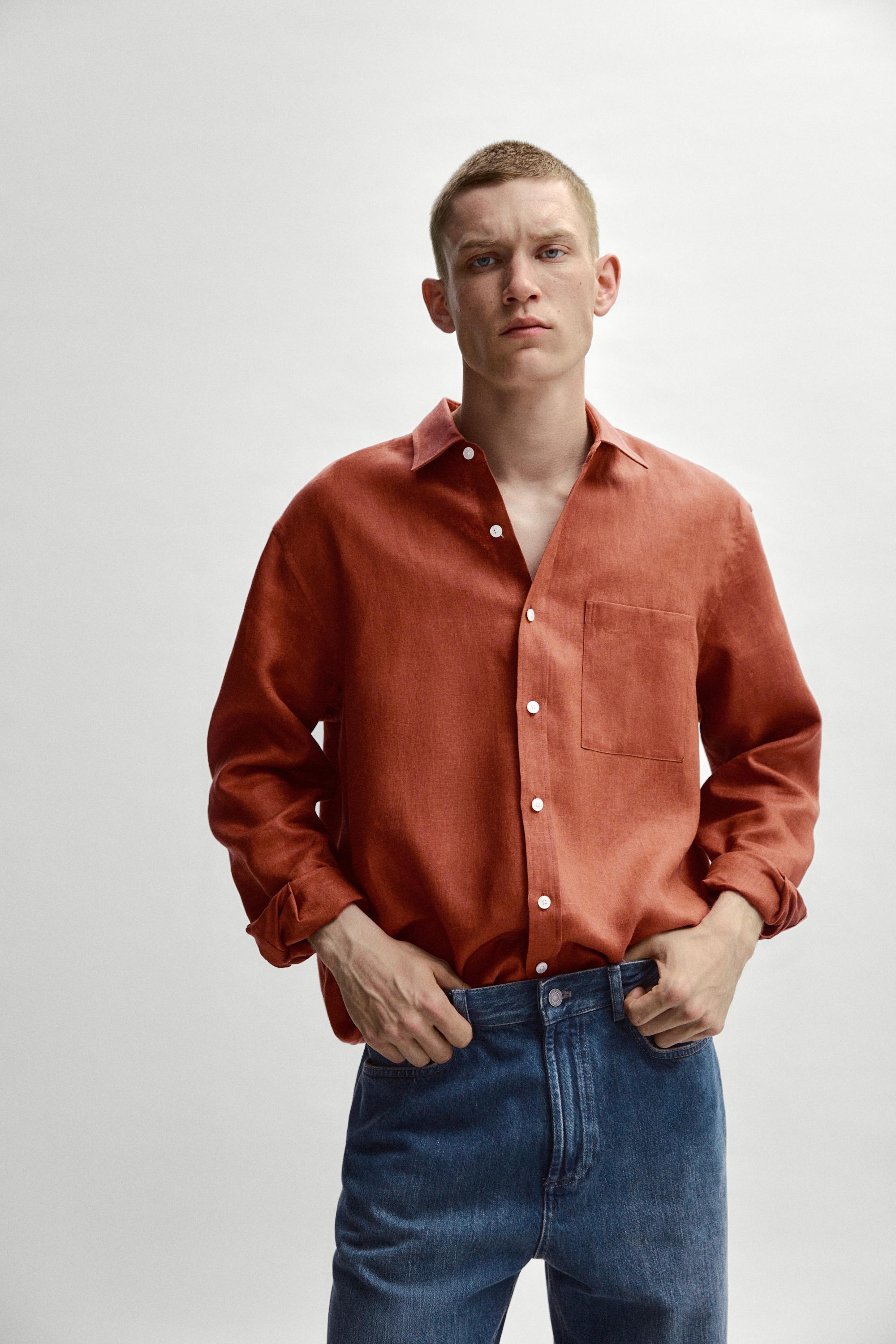 Regular fit 100% linen shirt with pocket detail — BURNT ORANGE