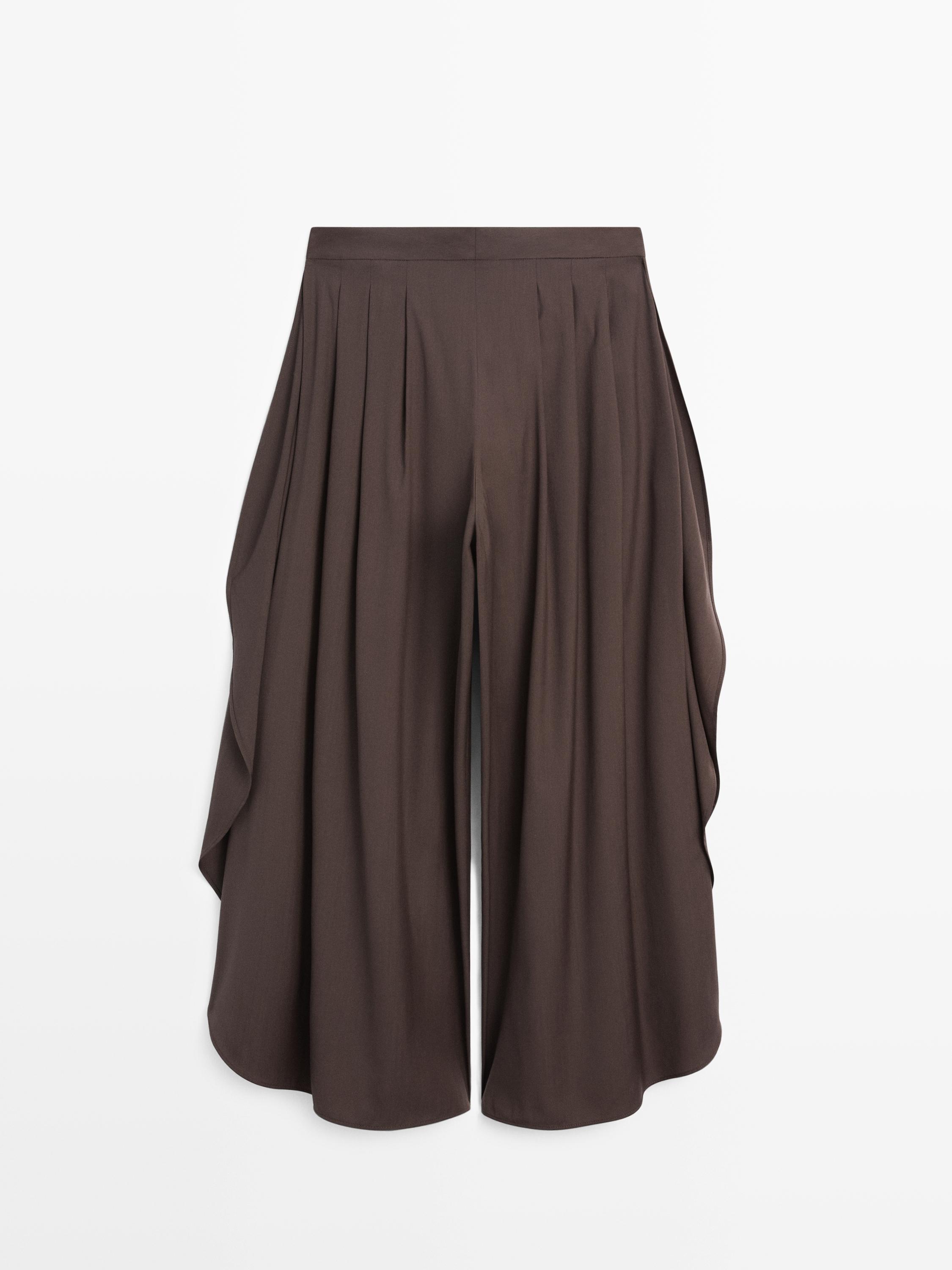 Wide-leg pleated trousers with side vents — Chocolate