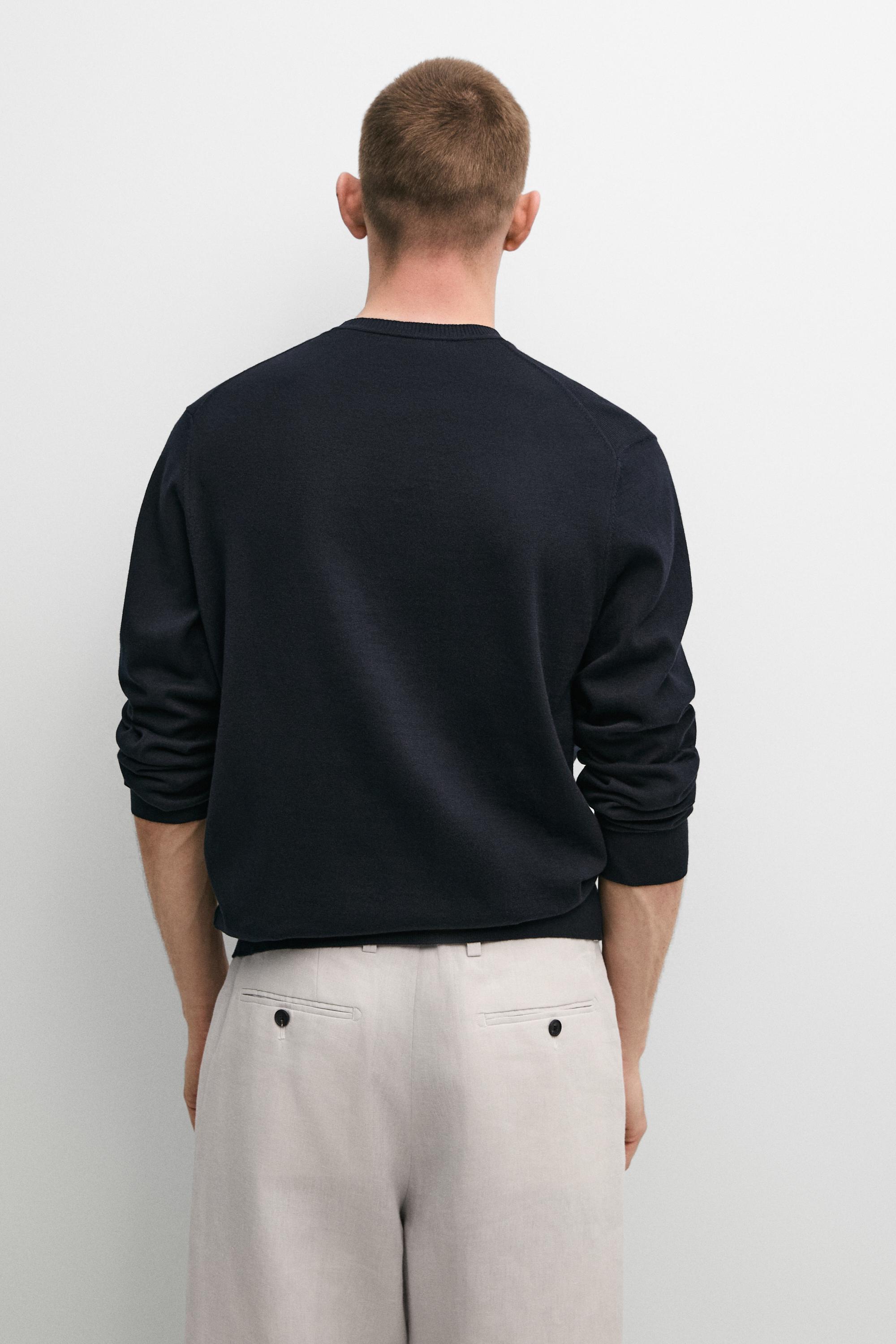 Knit 100% cotton crew neck sweater — NAVY BLUE