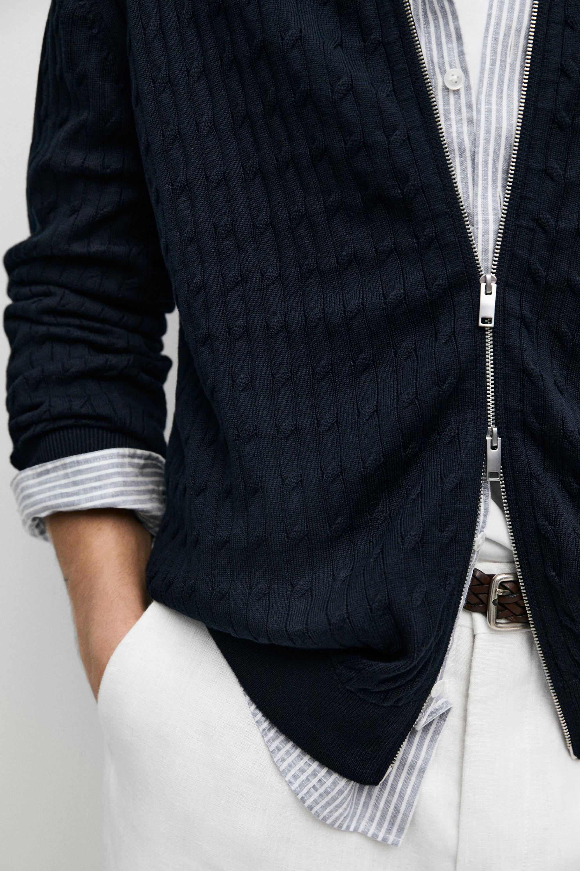 100% cotton braided knit cardigan — NAVY BLUE