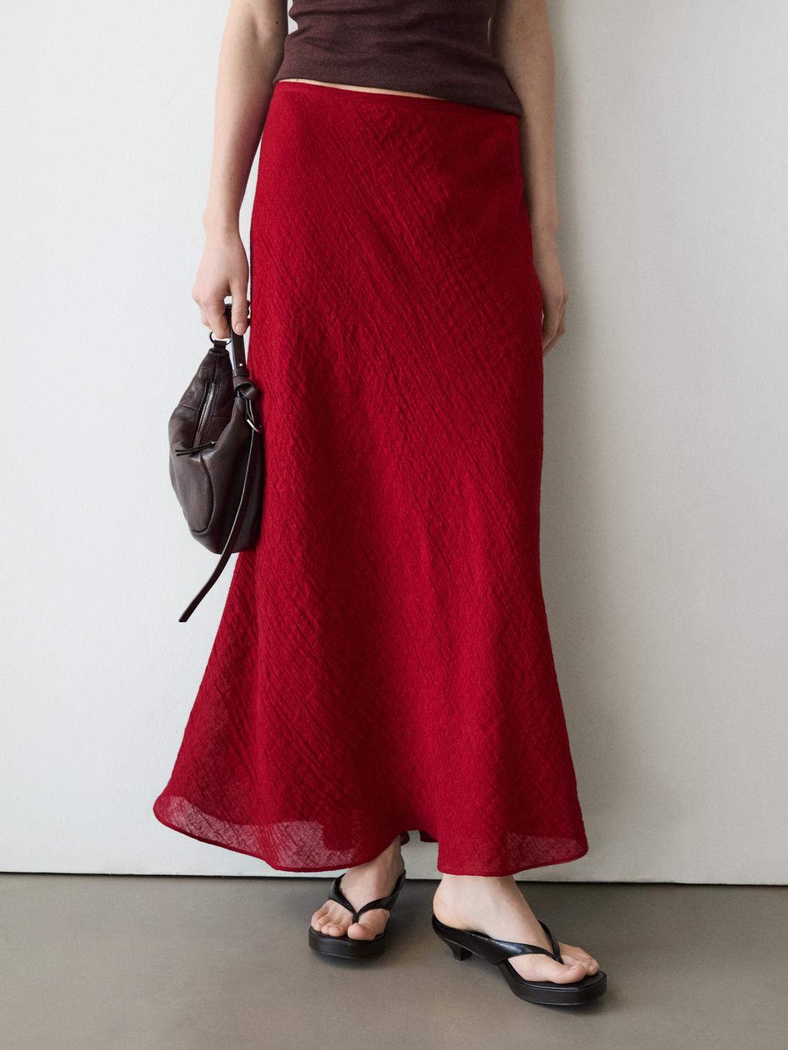 100% linen flounce midi skirt — RED