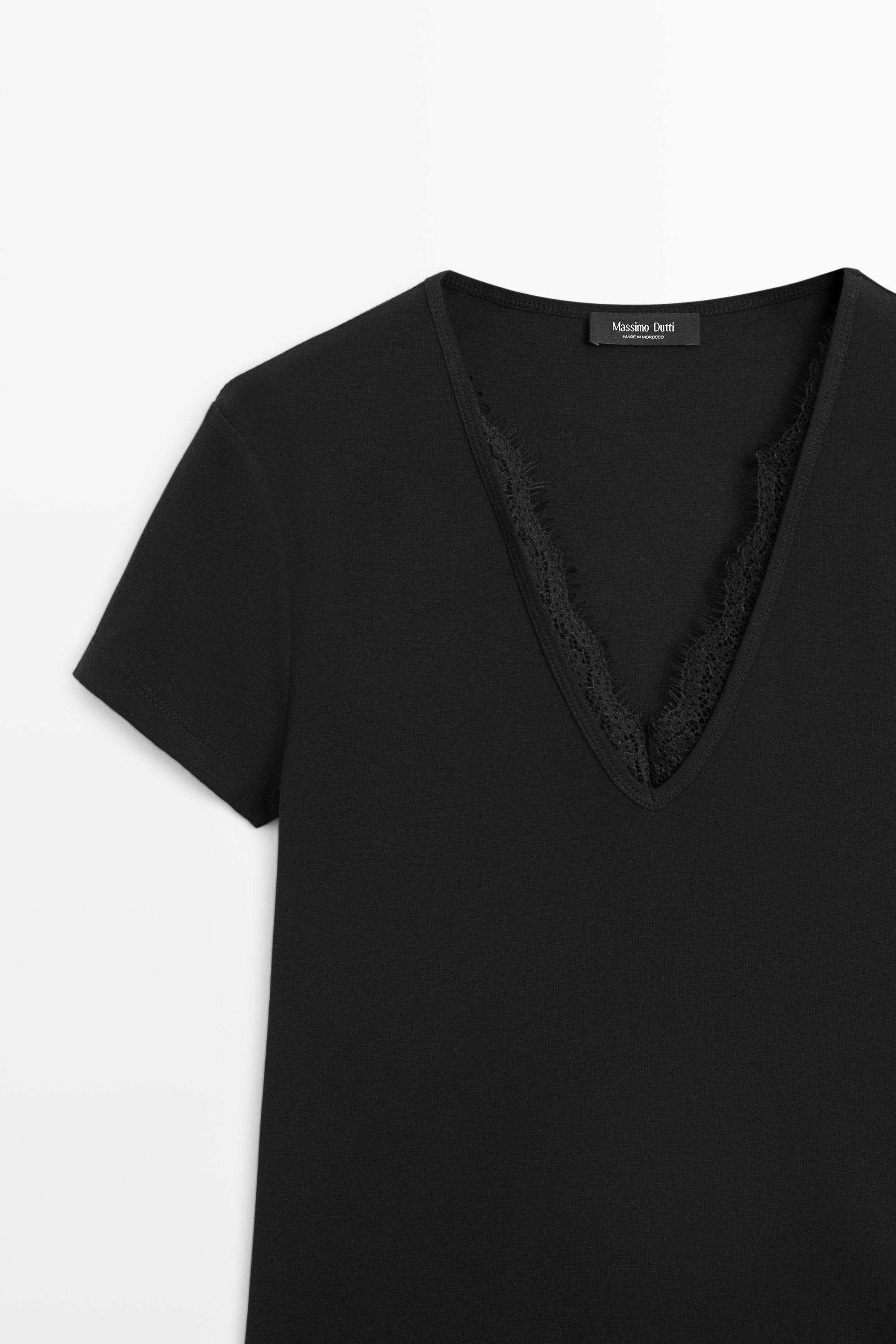 Lace-detail V-neck T-shirt — BLACK