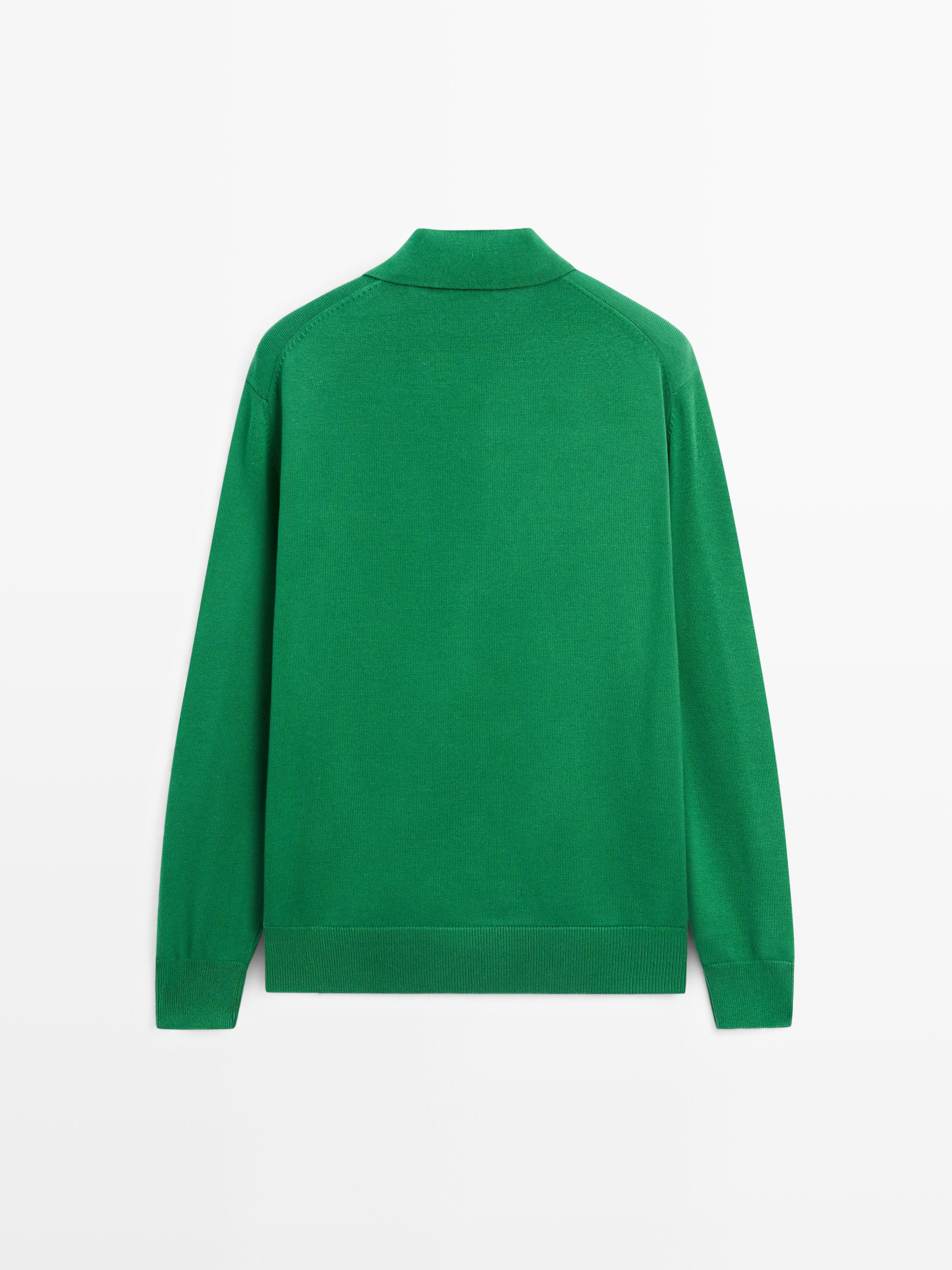 Cotton knit polo collar sweater — Green billiard