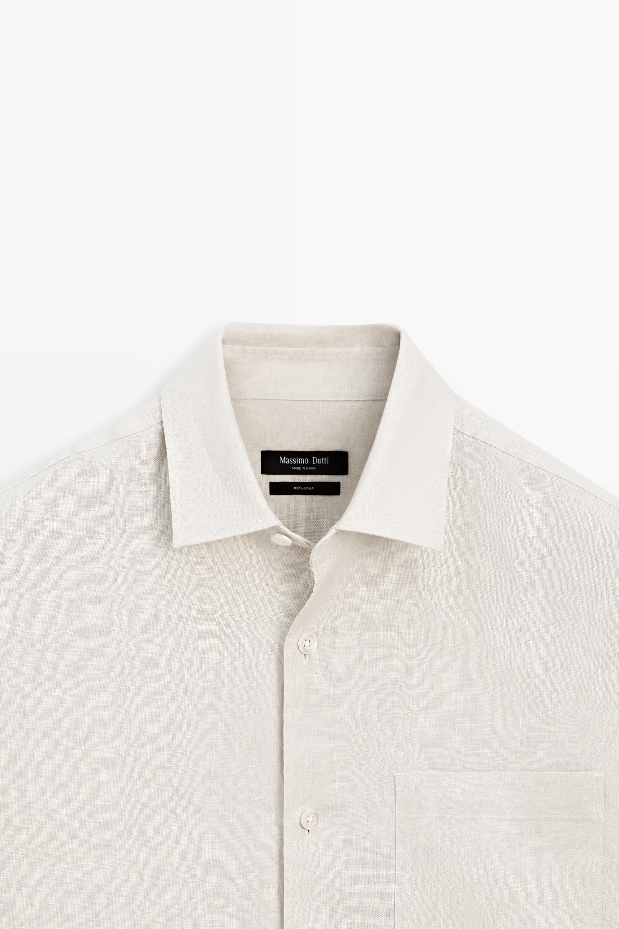 100% linen regular fit short sleeve shirt — BEIGE