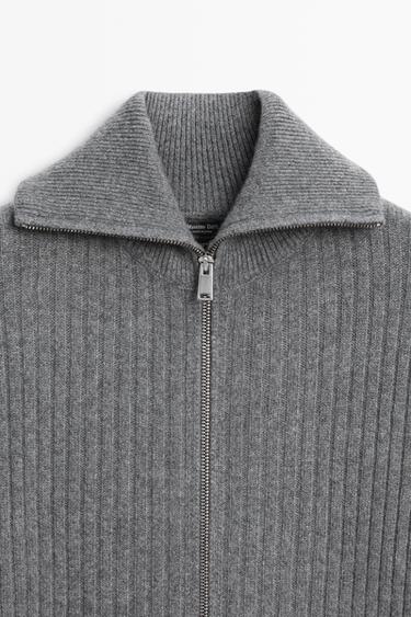 100% Cashmere Ribbed Knit Cardigan — GREY 9