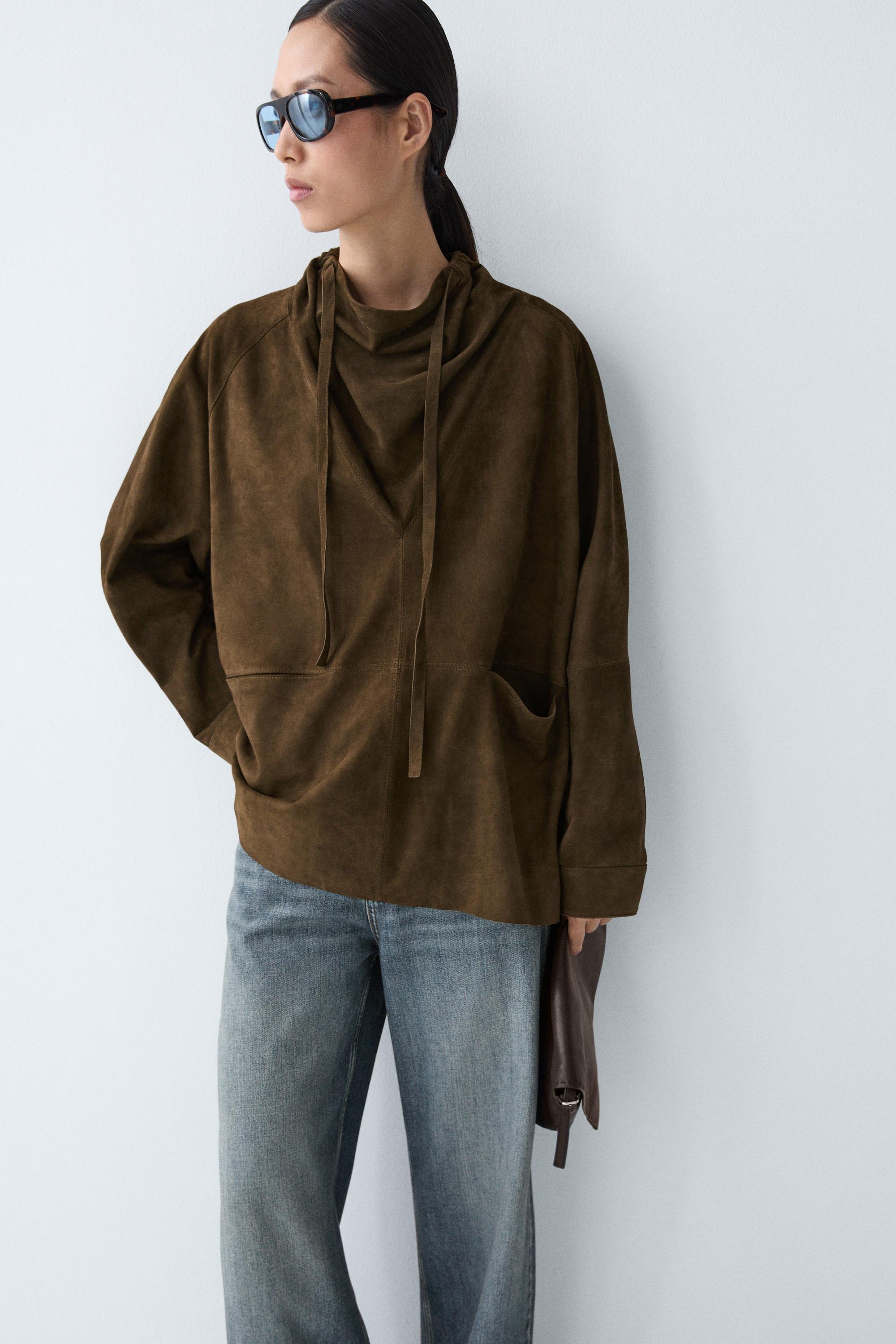 High-neck suede shirt — KHAKI