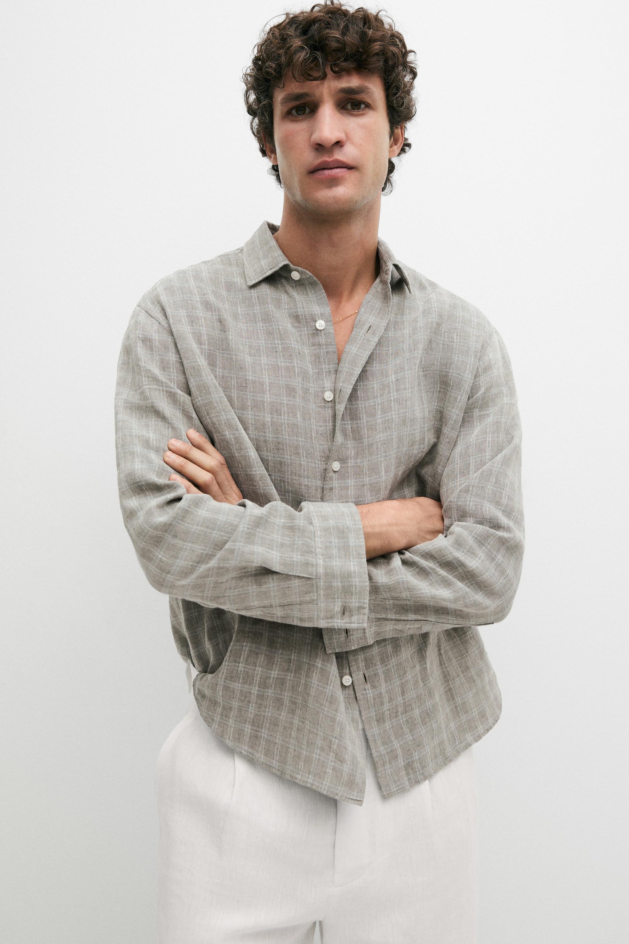 100% linen check shirt — GREY