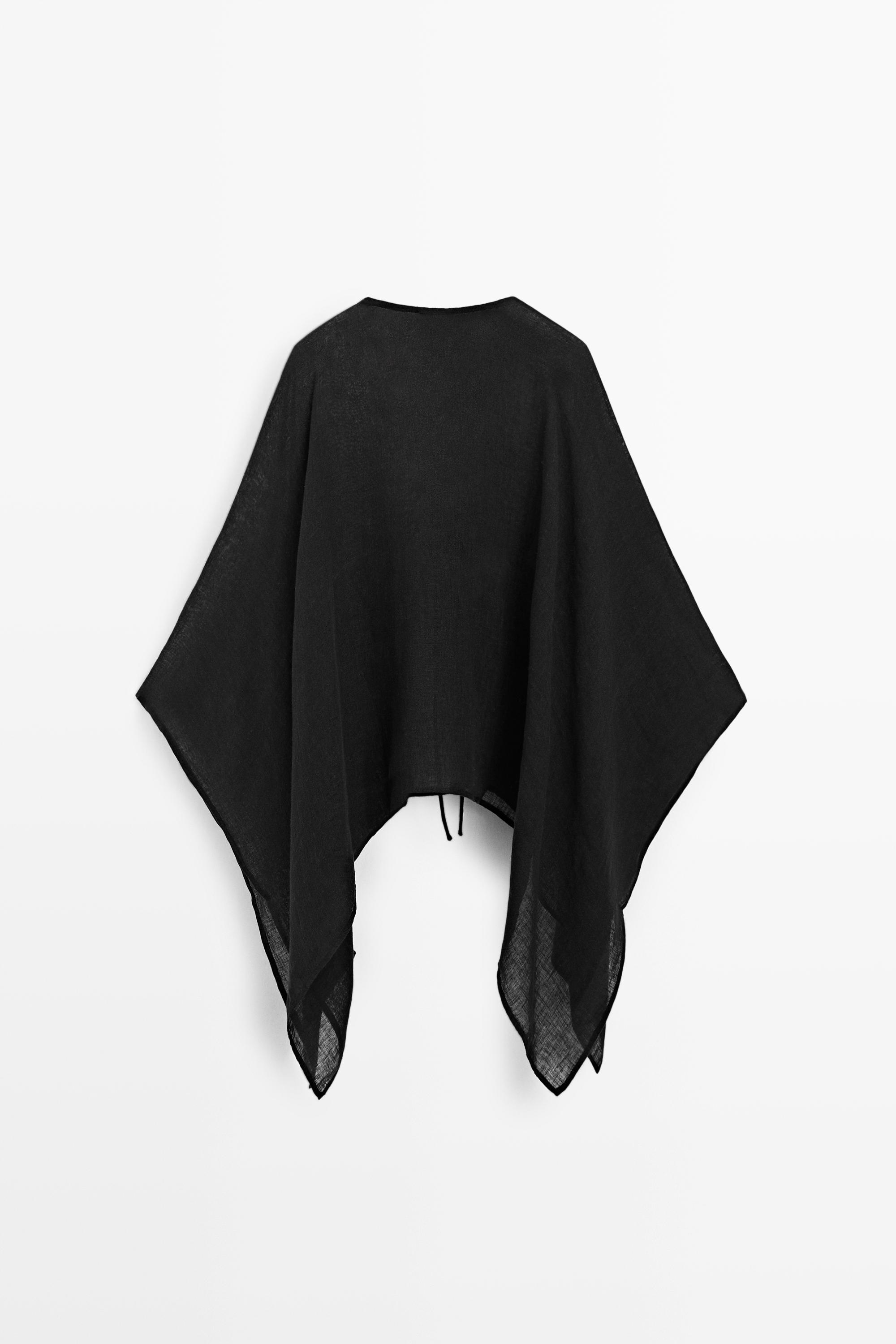 100% linen cape with tie details — BLACK