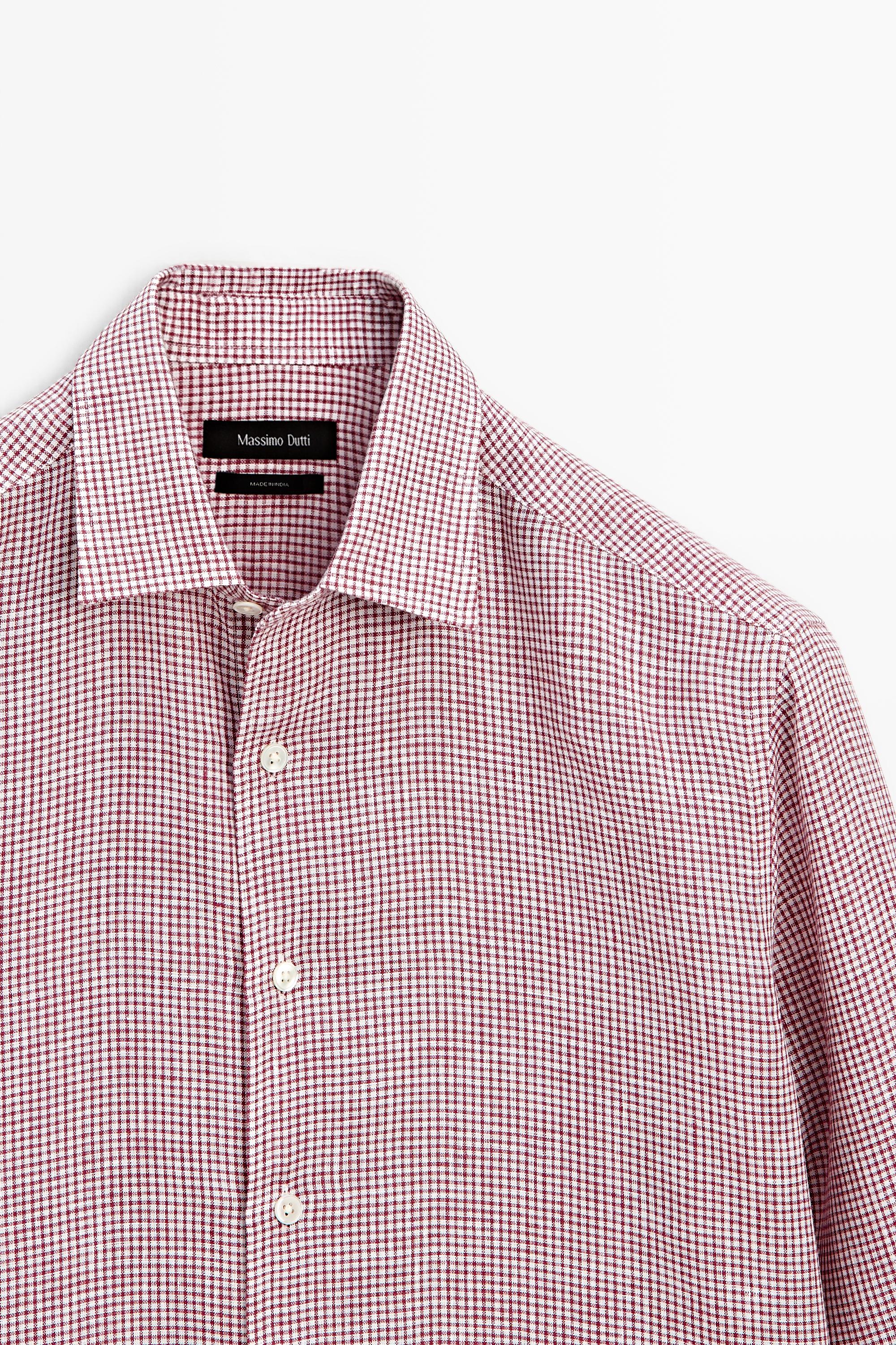 100% linen regular fit micro-checked shirt — BRIGHT RED