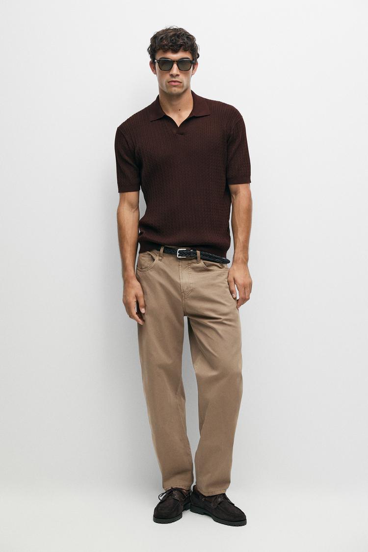 100% cotton cable-knit polo sweater — BURGUNDY