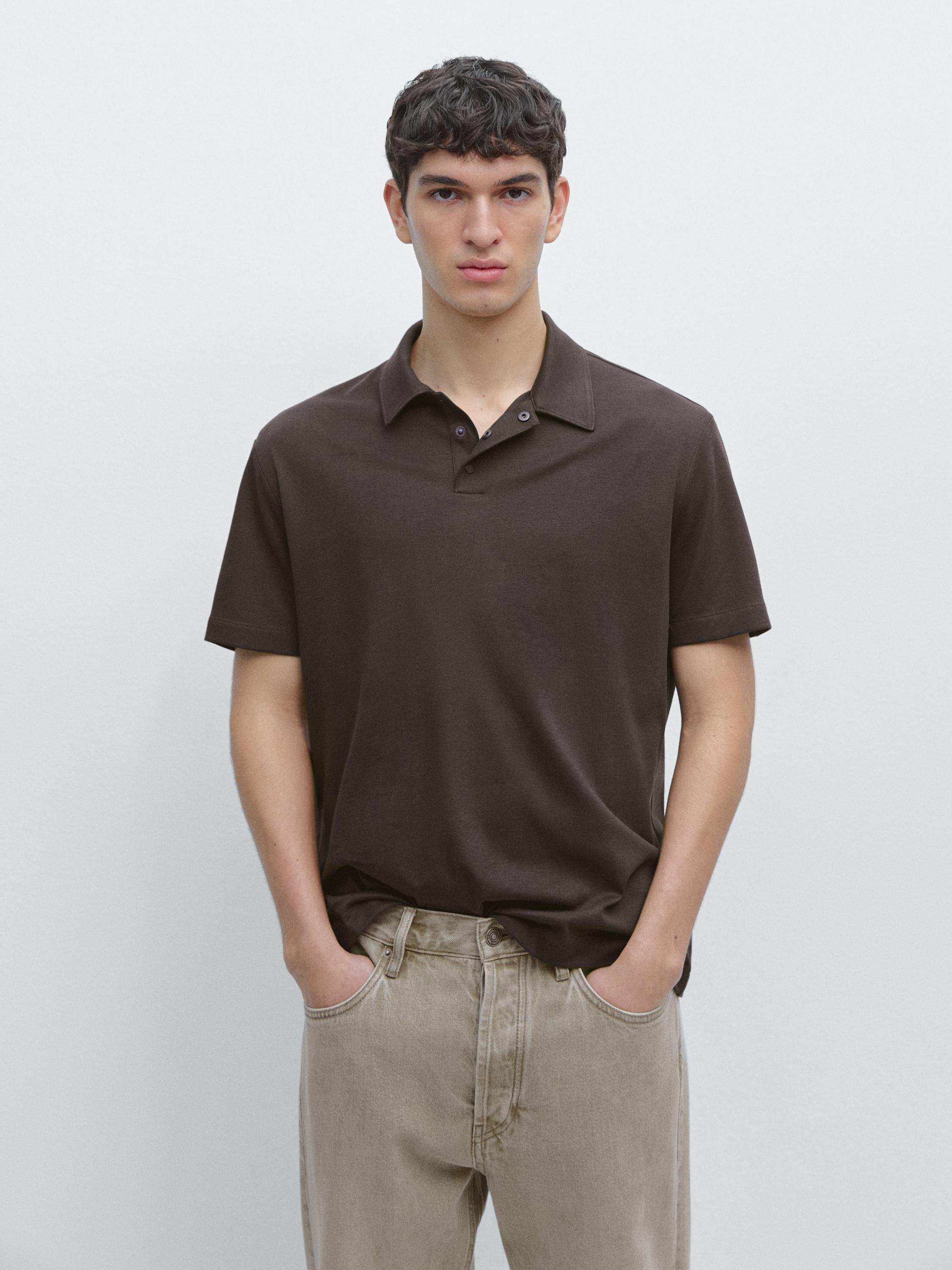 Short sleeve cotton blend knit polo shirt