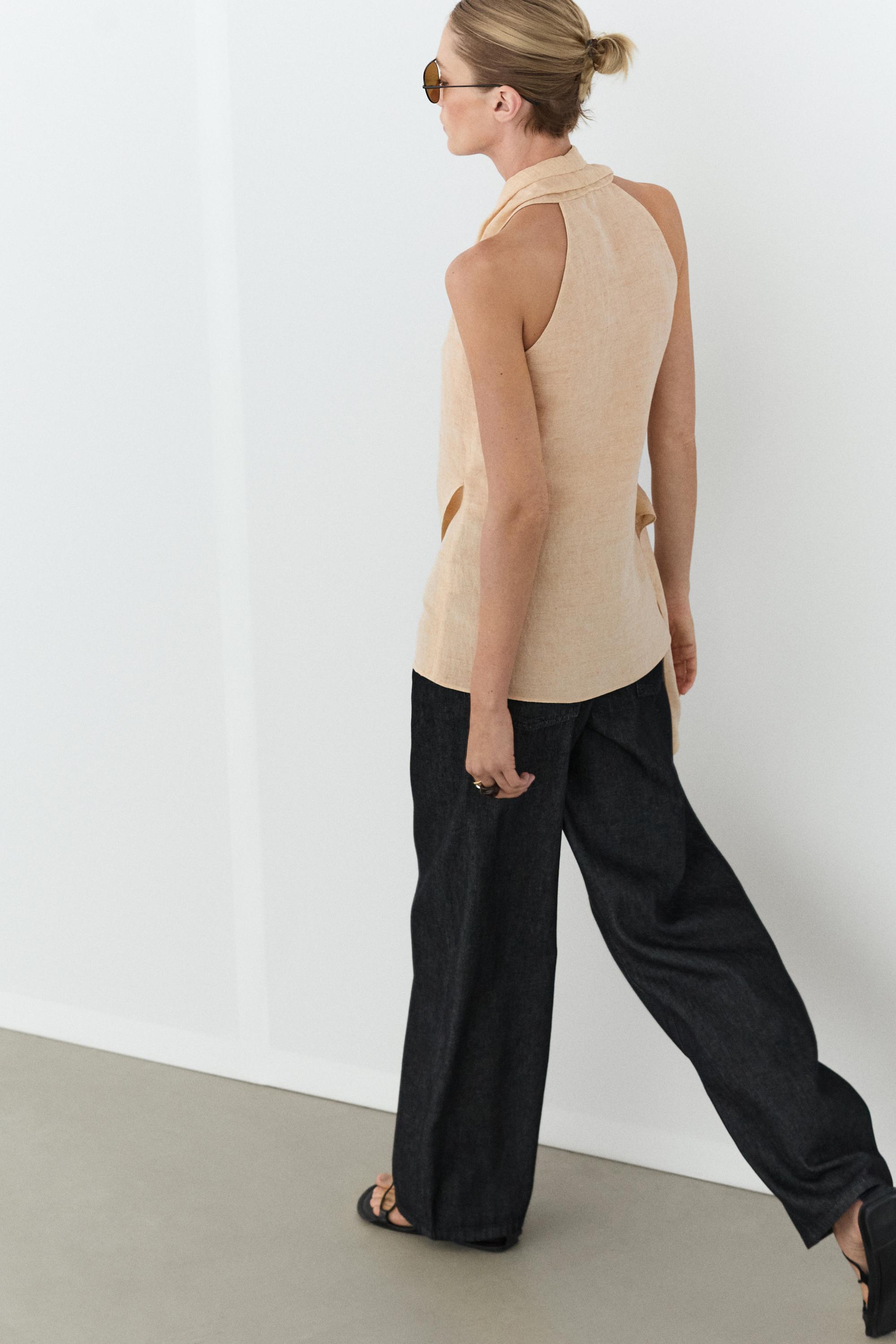 Linen blend draped halter top — STONE