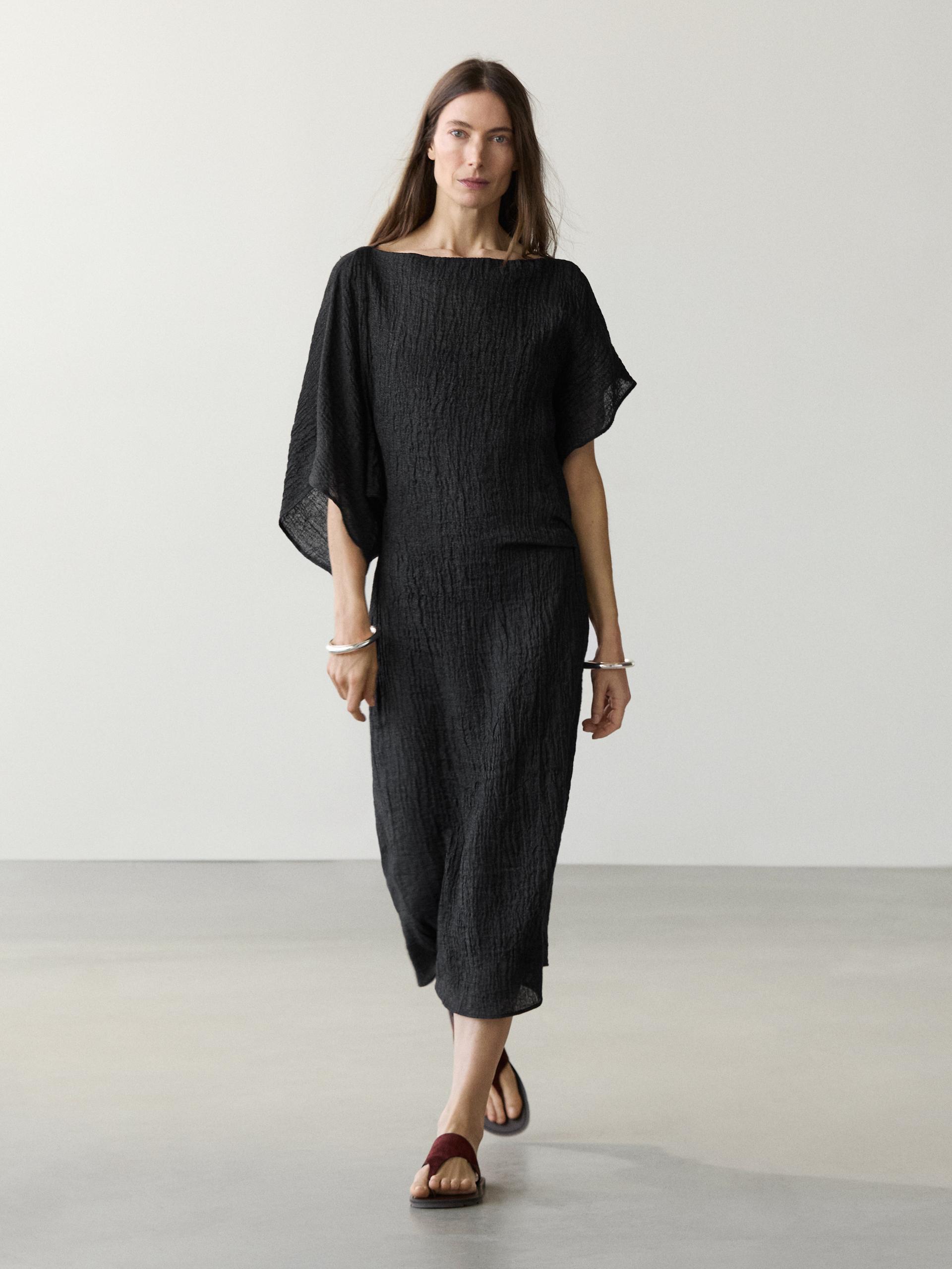 Vestido Midi Manga Asimétrica Lino - Negro - Xs - Massimo Dutti - Mujer