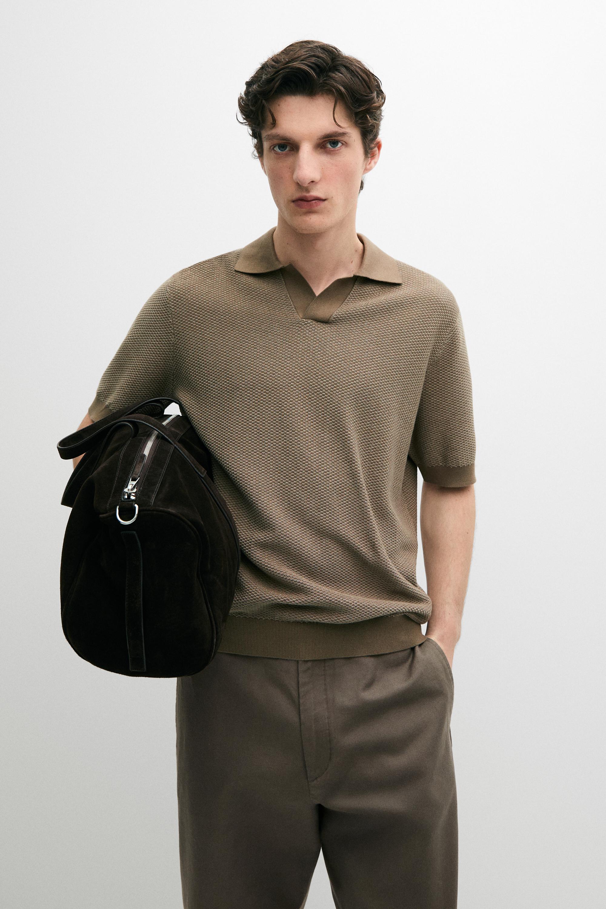 100% cotton textured knit polo sweater — MOLE BROWN