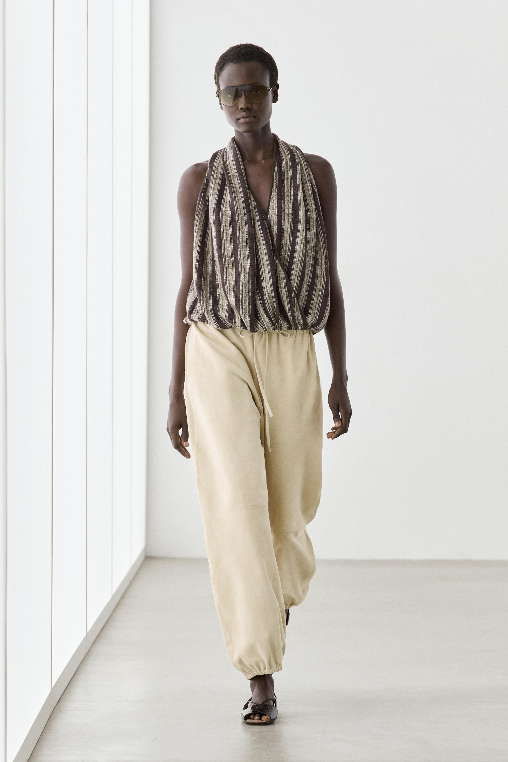 Surplice top with striped detail — BROWN