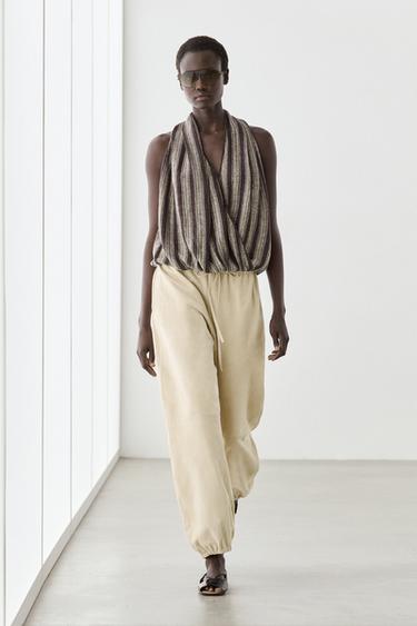 Surplice top with striped detail — BROWN 1