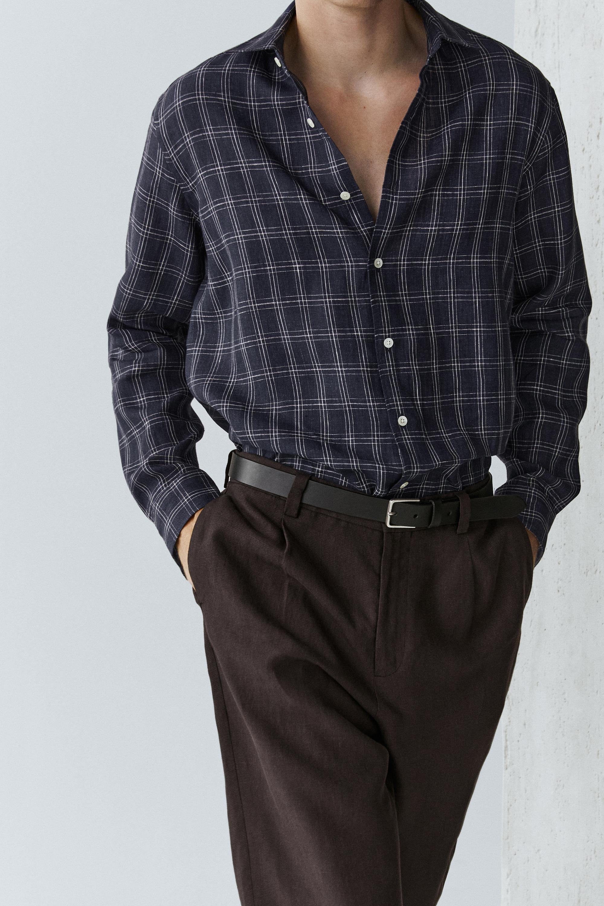 100% linen regular fit check shirt — DARK BLUE