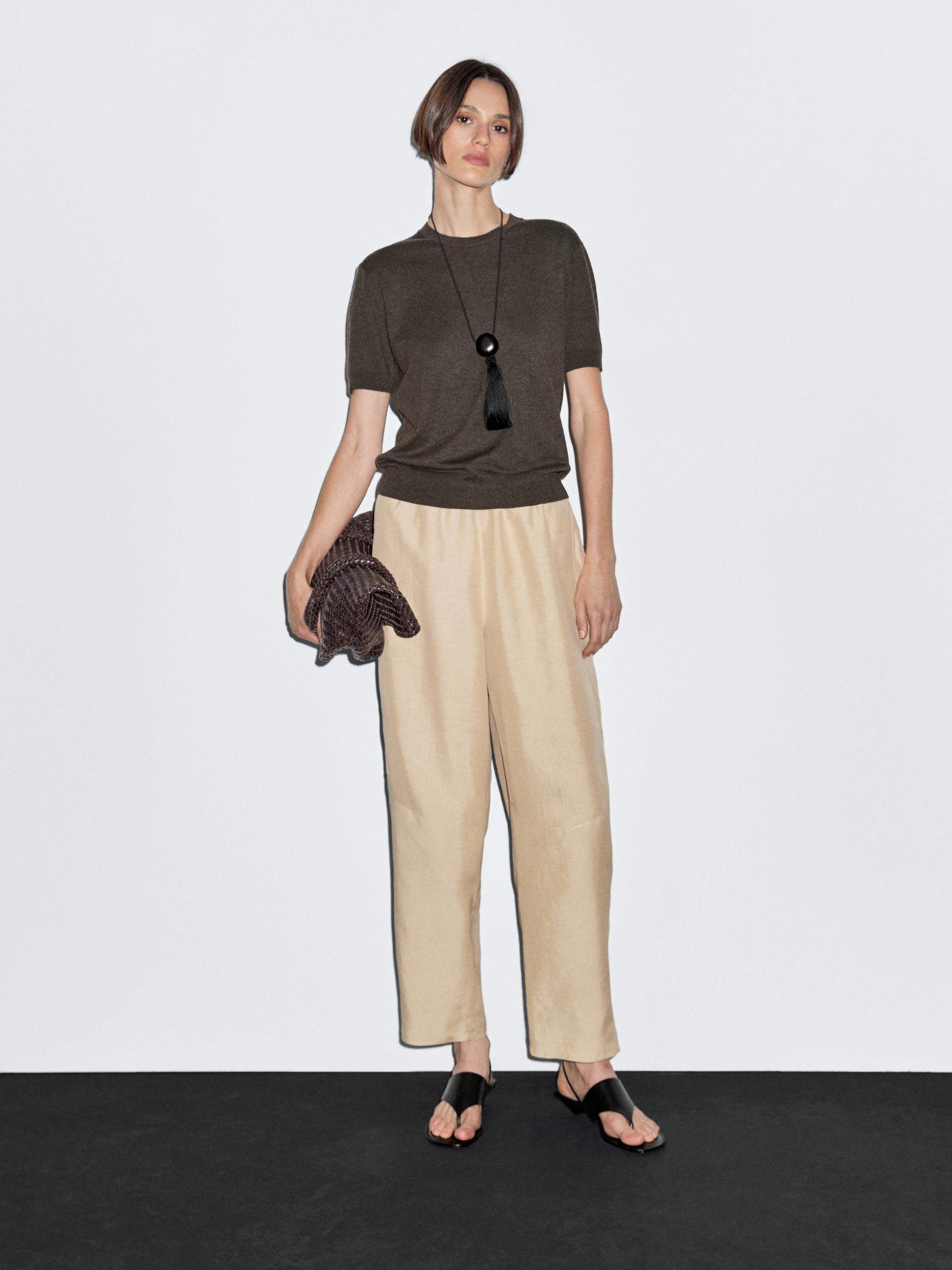 Jersey Punto Manga Corta Con Lana - Chocolate - M - Massimo Dutti - Mujer