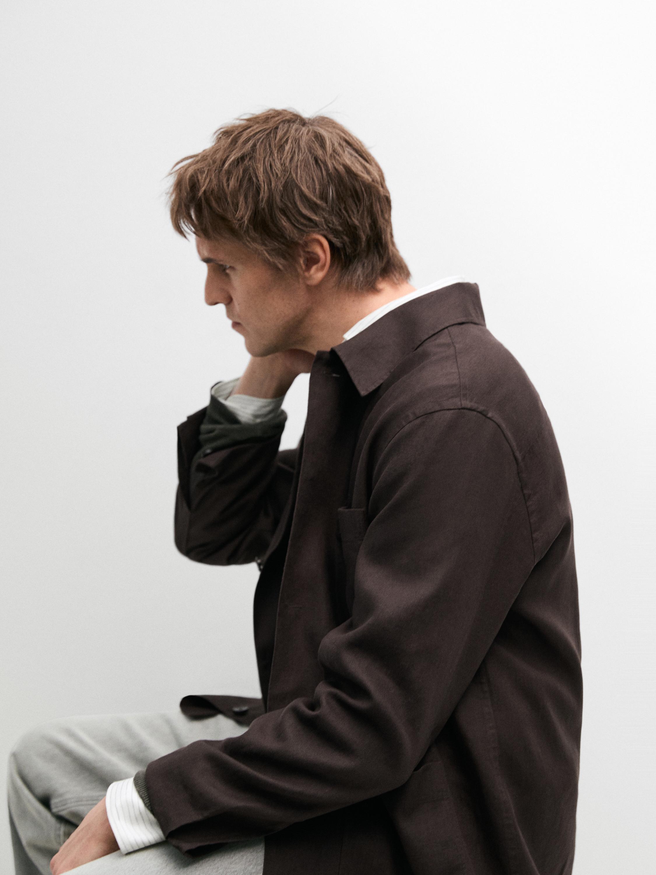Linen total look overshirt with pocket details — BROWN