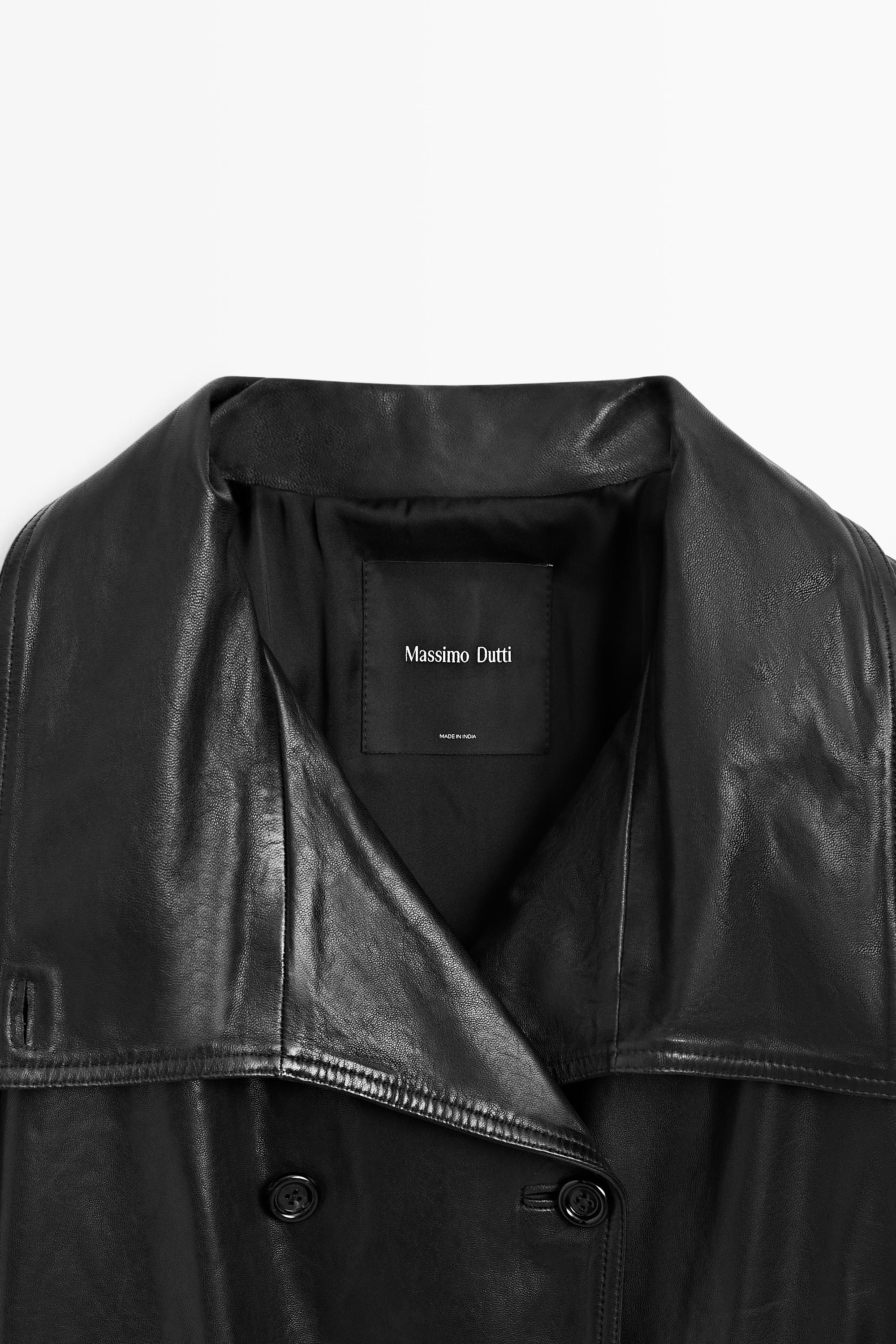 Short high neck leather trench coat — BLACK