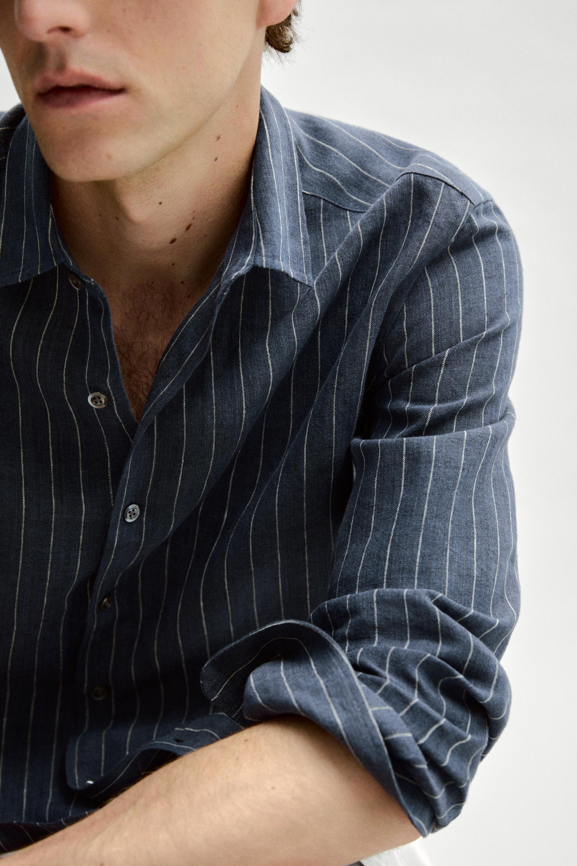Regular fit 100% linen striped shirt — FADED BLUE